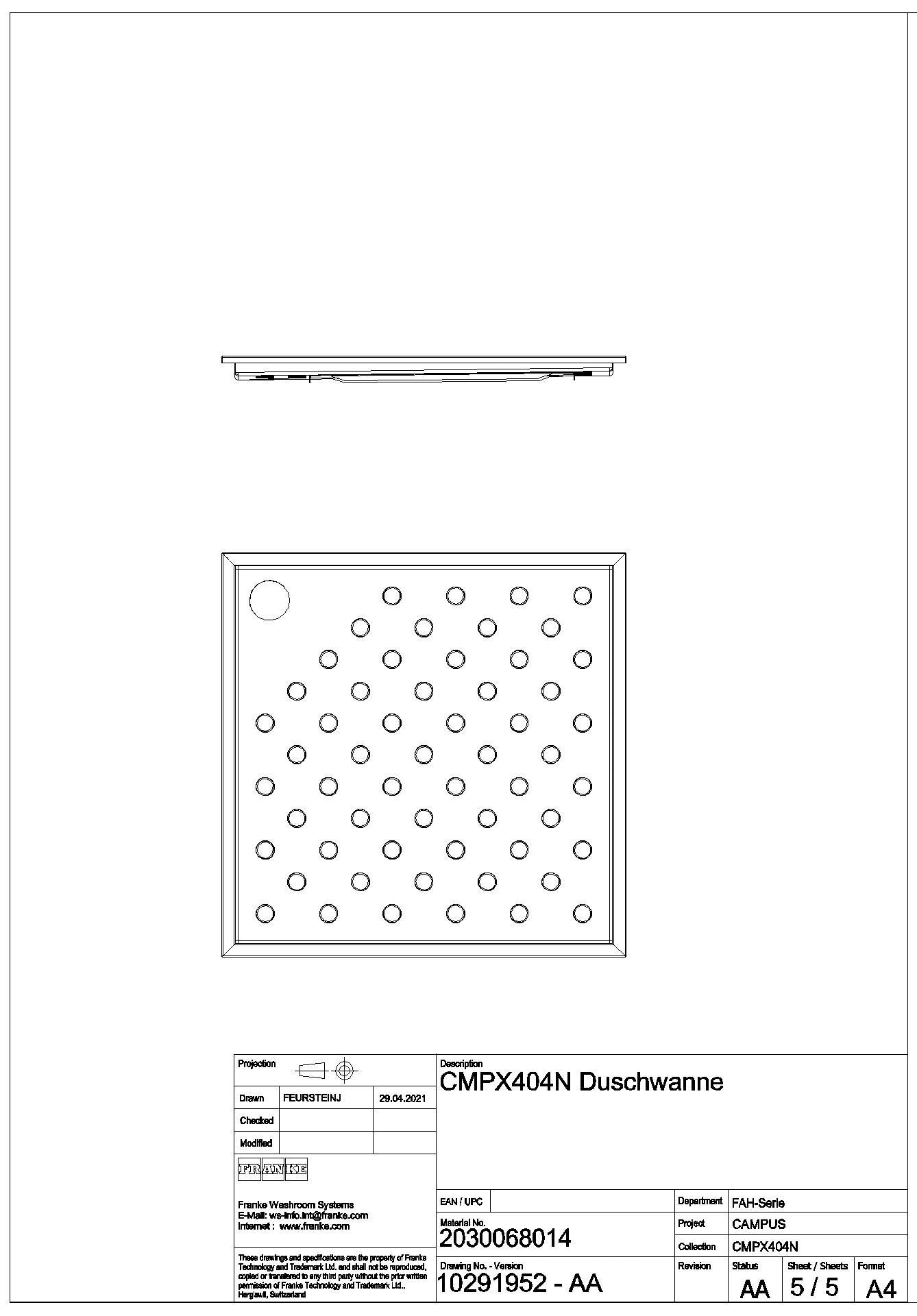 Duschwanne, CAMPUS, Edelstahl, 900x59x900 mm, Bodenmontage, CMPX404N