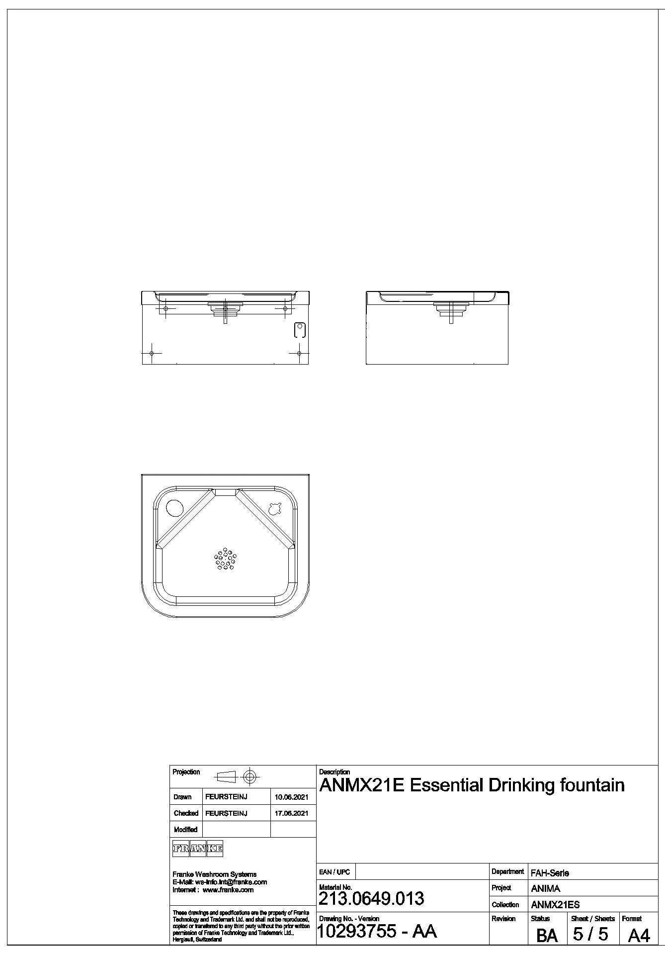 Wandtrinkbrunnen, ANIMA, Edelstahl, 310x135x264 mm, 2 Hahnlöcher, ANMX21ES