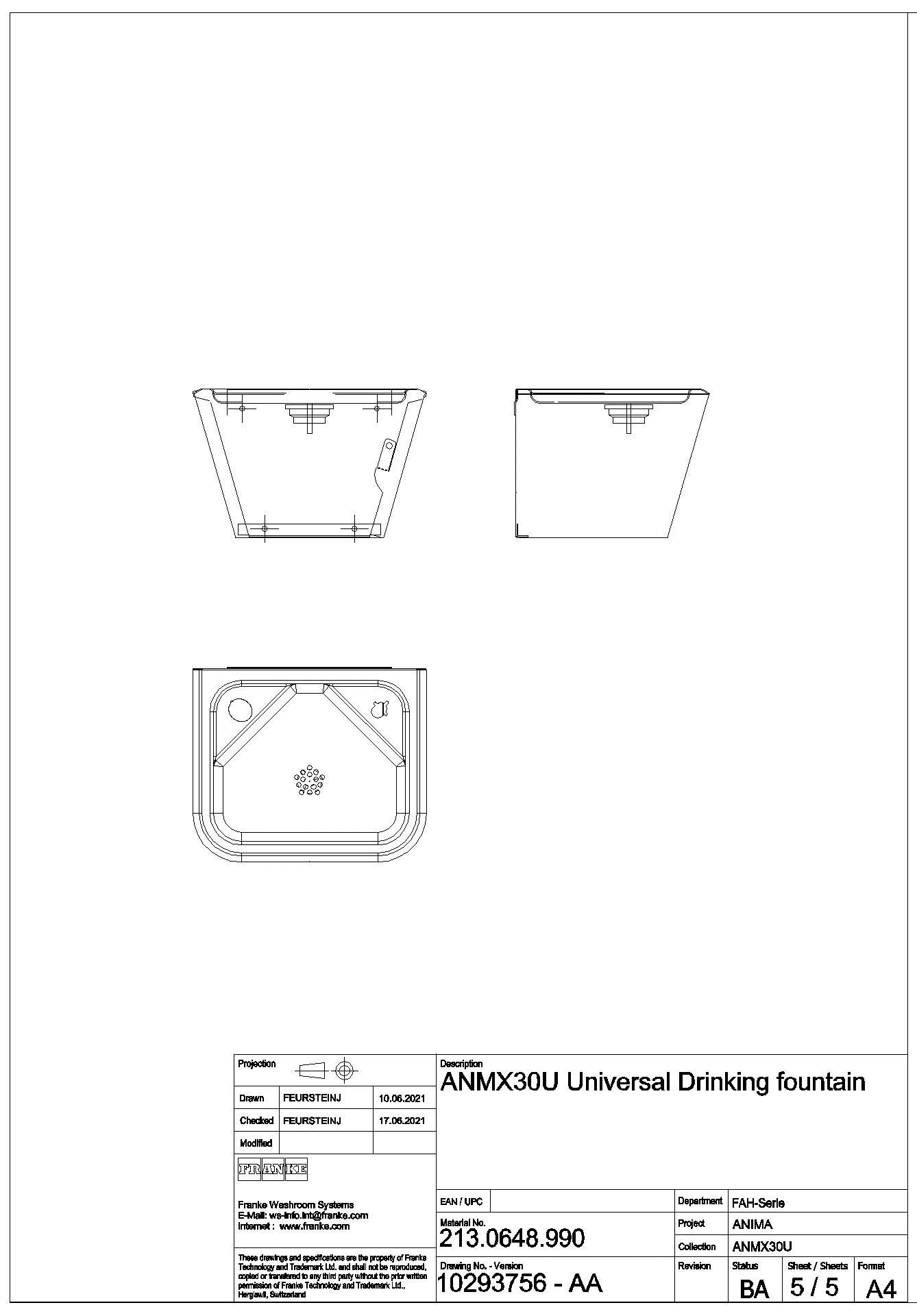 Wandtrinkbrunnen, ANIMA, Edelstahl, 310x200x260 mm, 2 Hahnlöcher, ANMX30U