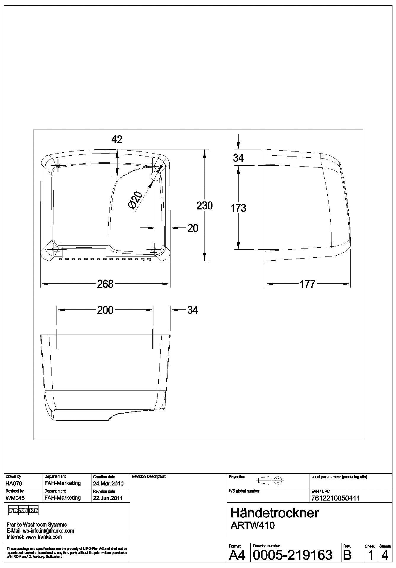 Händetrockner, Kunststoff, IR, 268x230x177 mm, 230 VAC, ARTW410