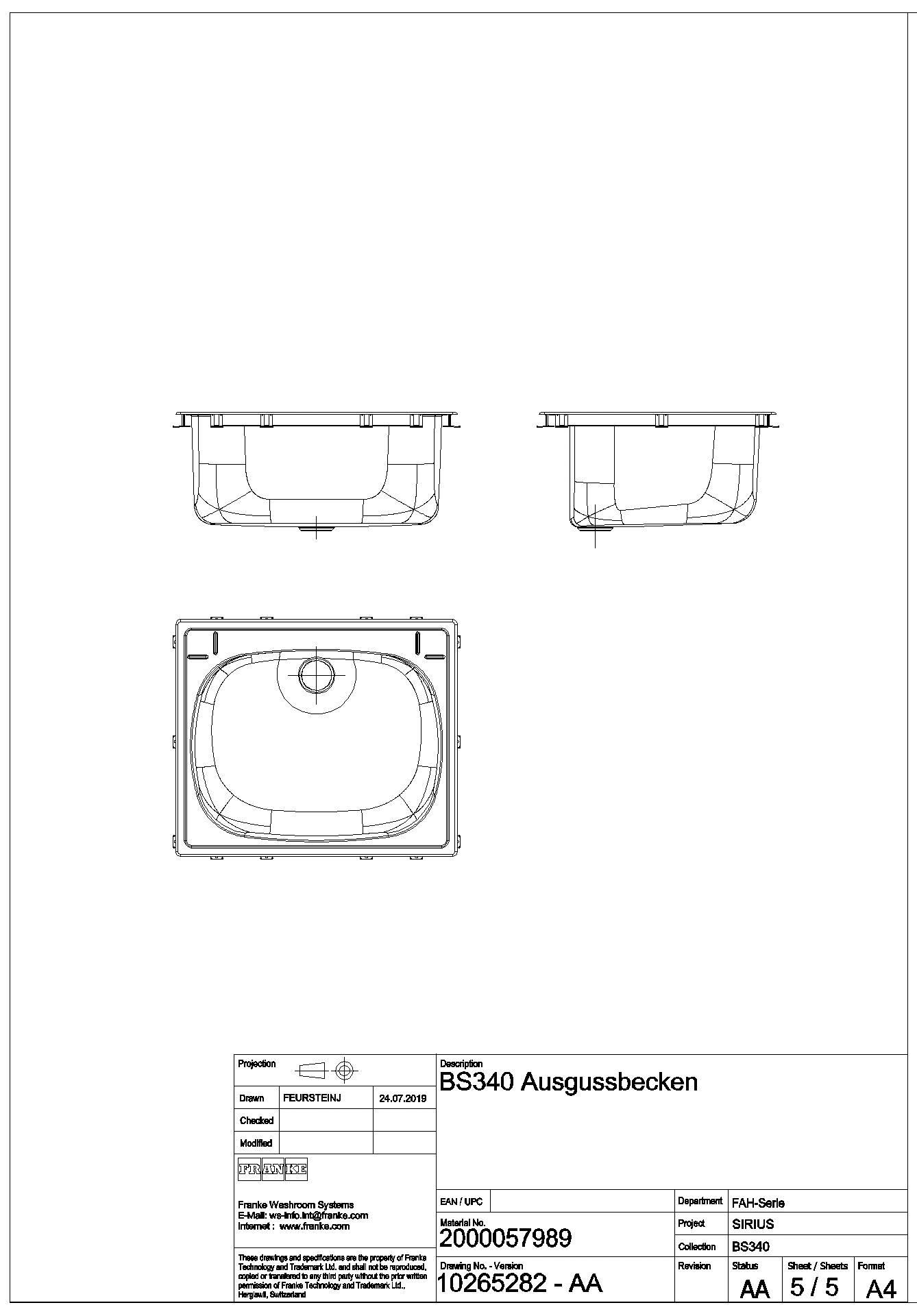 Einlege-Mehrzweckbecken, SIRIUS, Edelstahl, 560x230x470 mm, Ablauf mittig, BS340