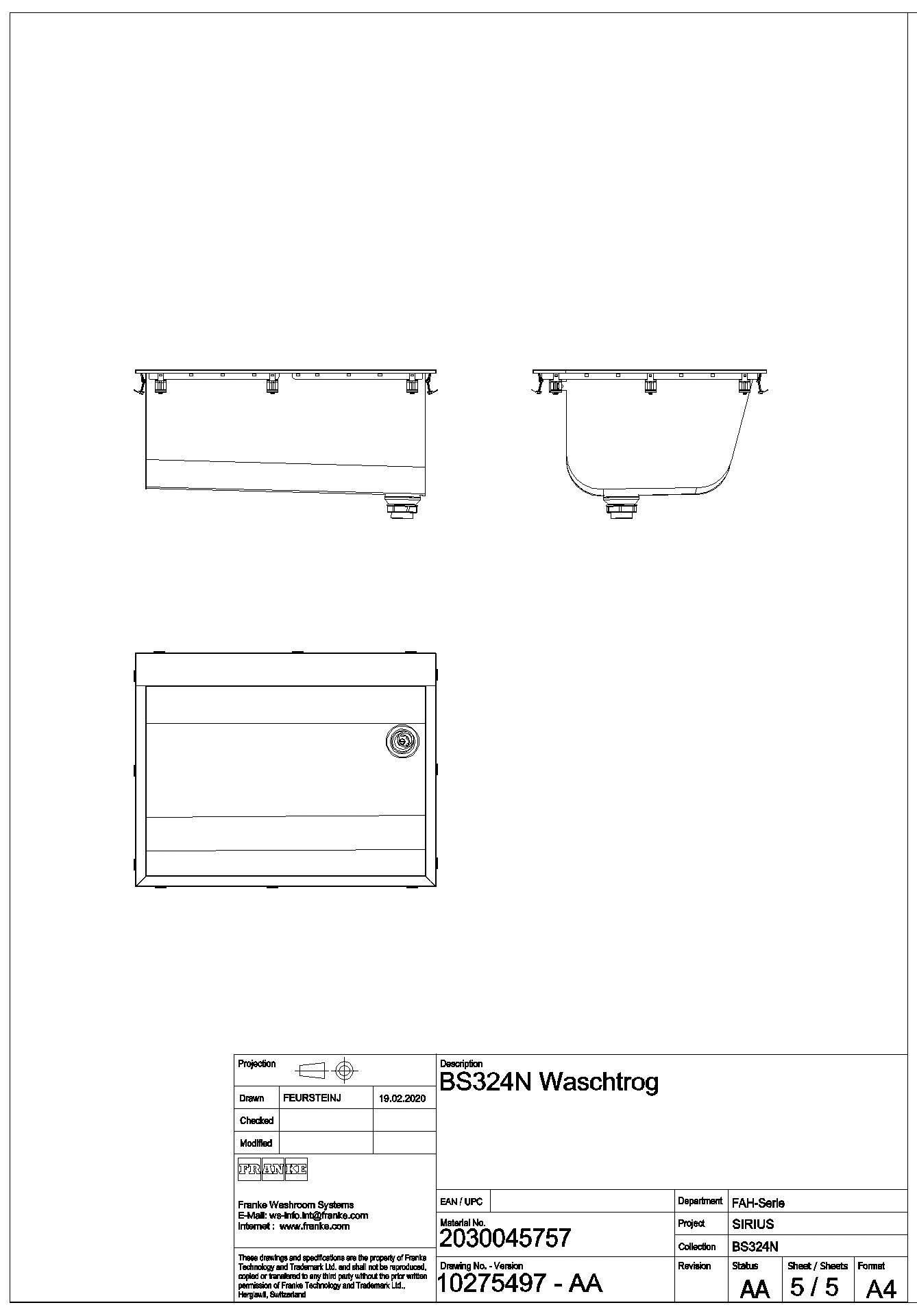 Einlegewaschtrog, SIRIUS, Edelstahl, 670x281x520 mm, Ablauf rechts, BS324N
