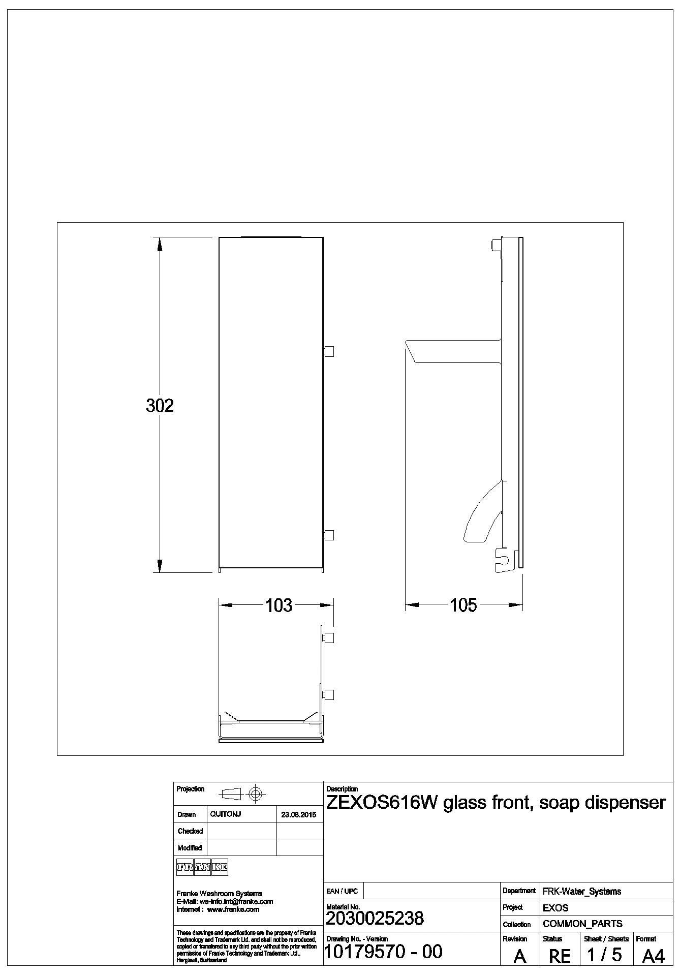 Front, EXOS, ESG weiß, für EXOS616/EXOS618/EXOS625 Seifensp., ZEXOS616W