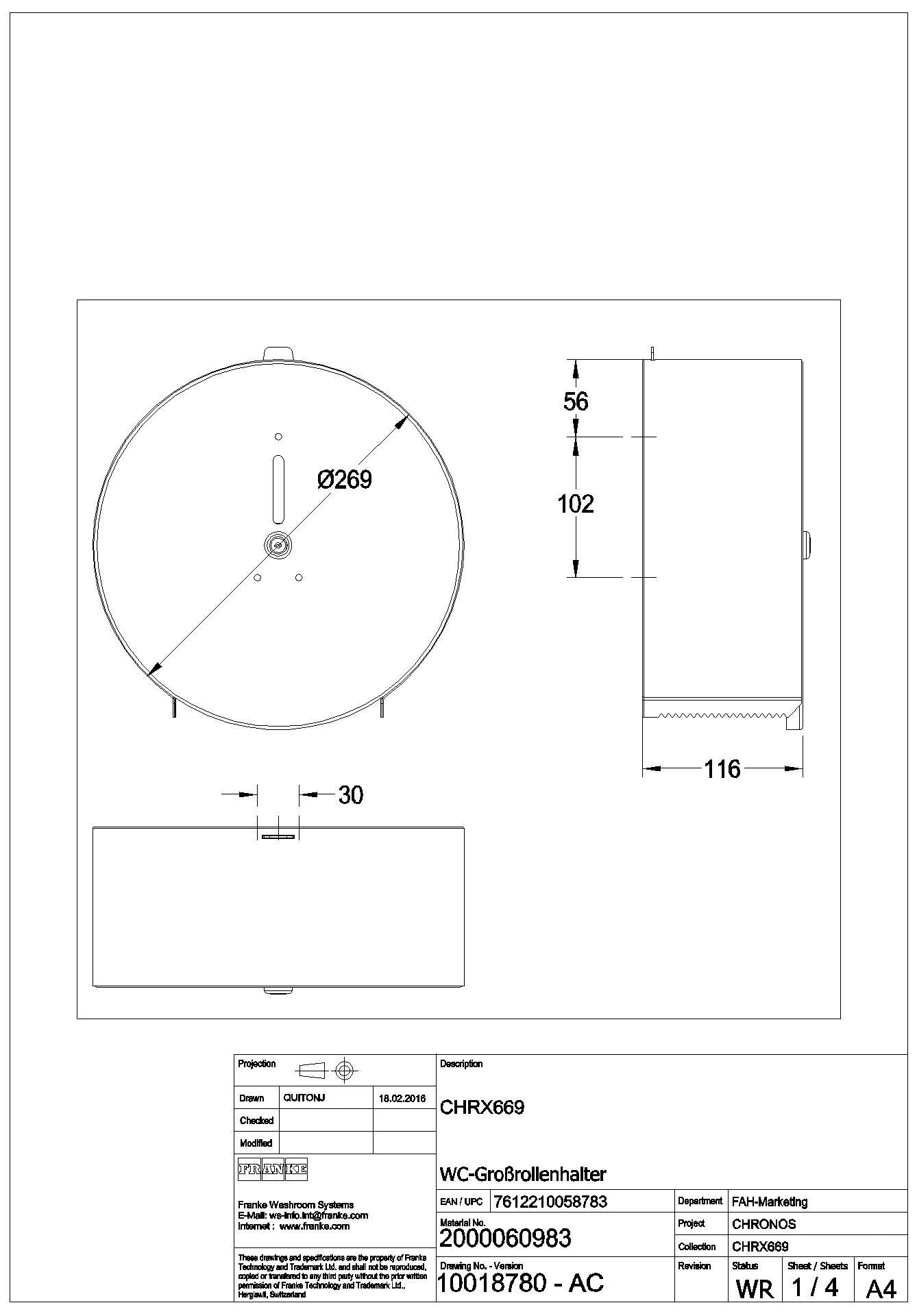 WC-Großrollenhalter, RODAN, Edst., 269x269x116 mm, Aufputz, Rolle 260 mm, CHRX669