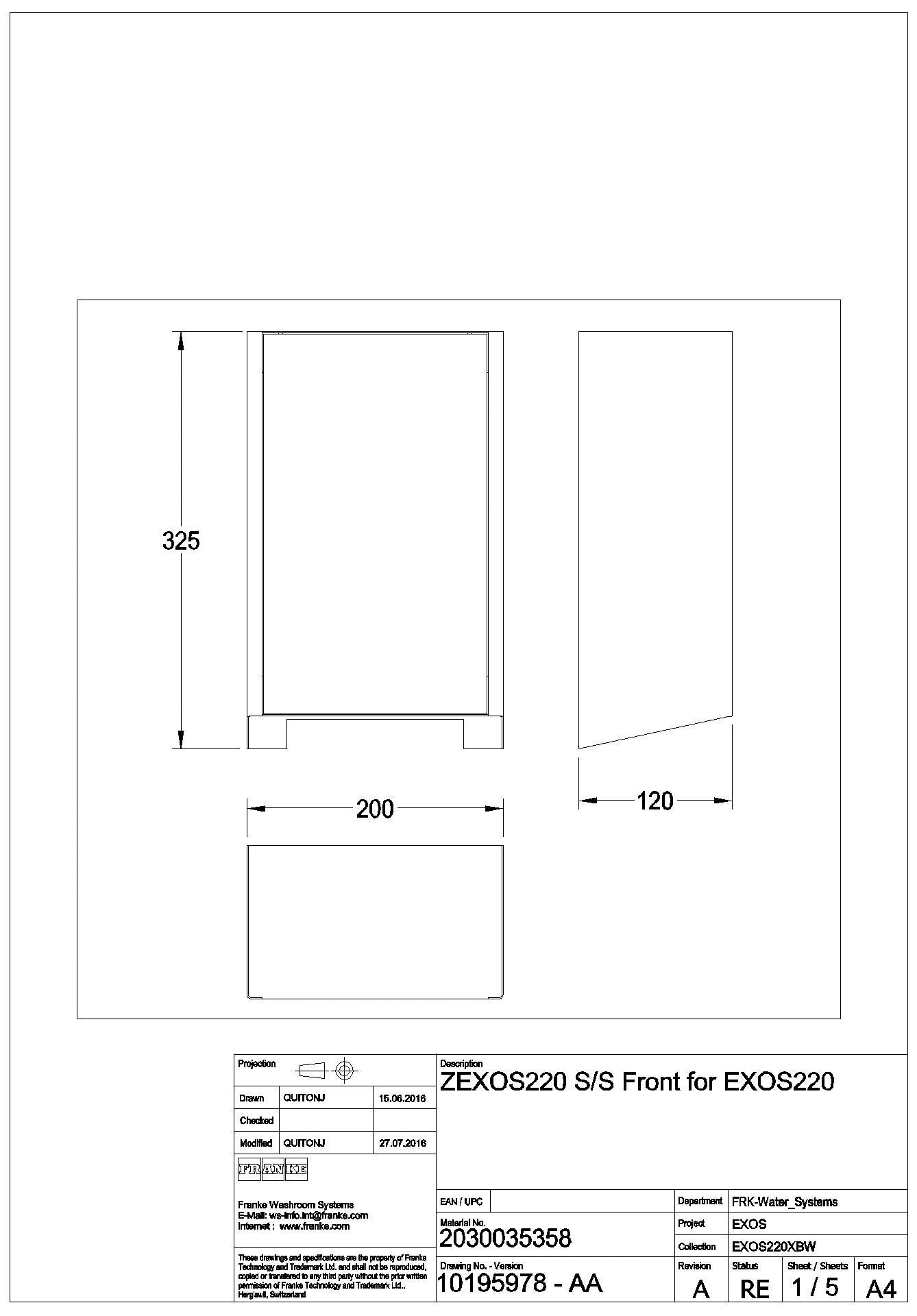 Frontabdeckung, EXOS, Edelstahl, für EXOS220, ZEXOS220
