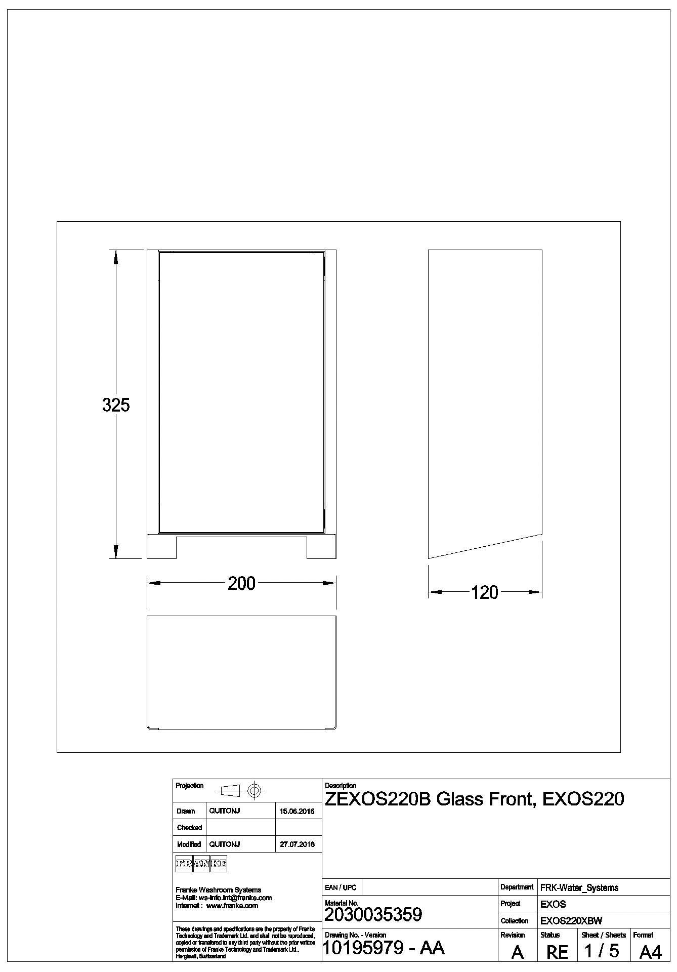 Frontabdeckung, EXOS, ESG schwarz, für EXOS220, ZEXOS220B