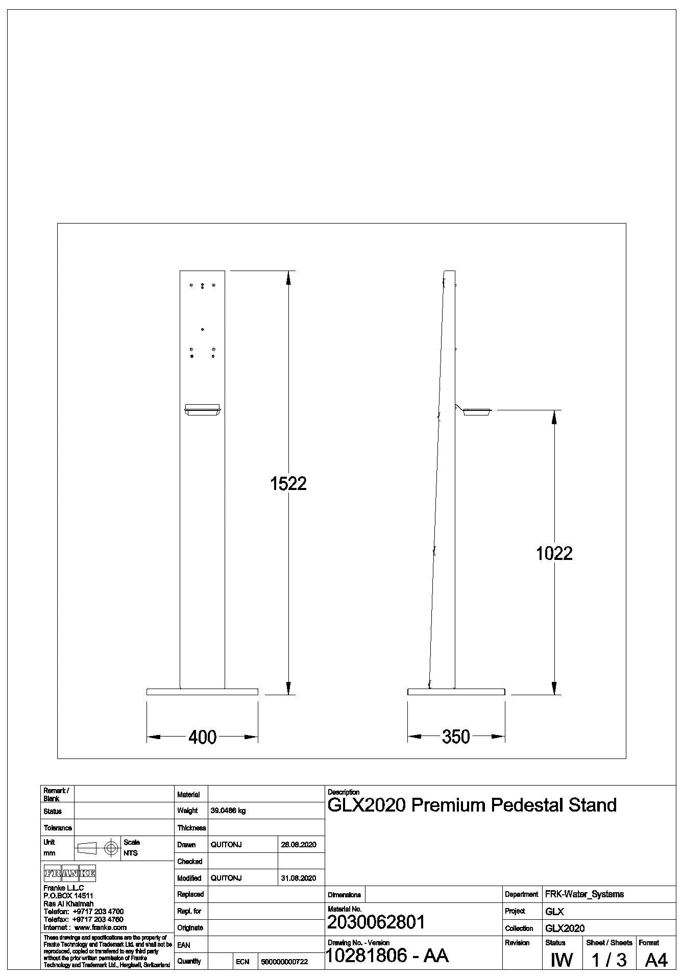 Spendersäule, Edst., 400x1522x350 mm, freistehend, GLX2020