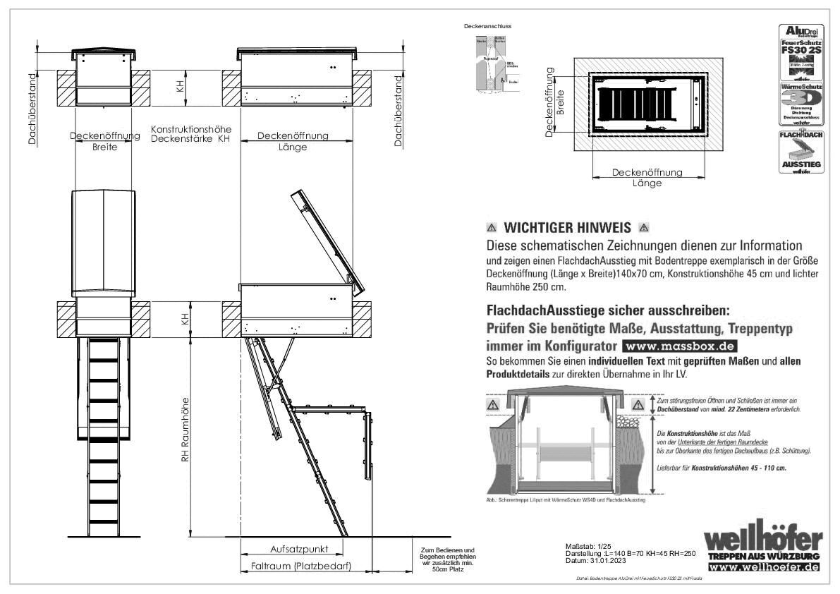 Wellhöfer Treppen - FlachdachAusstieg mit Bodentreppe AluDrei FeuerSchutz FS30 2S
