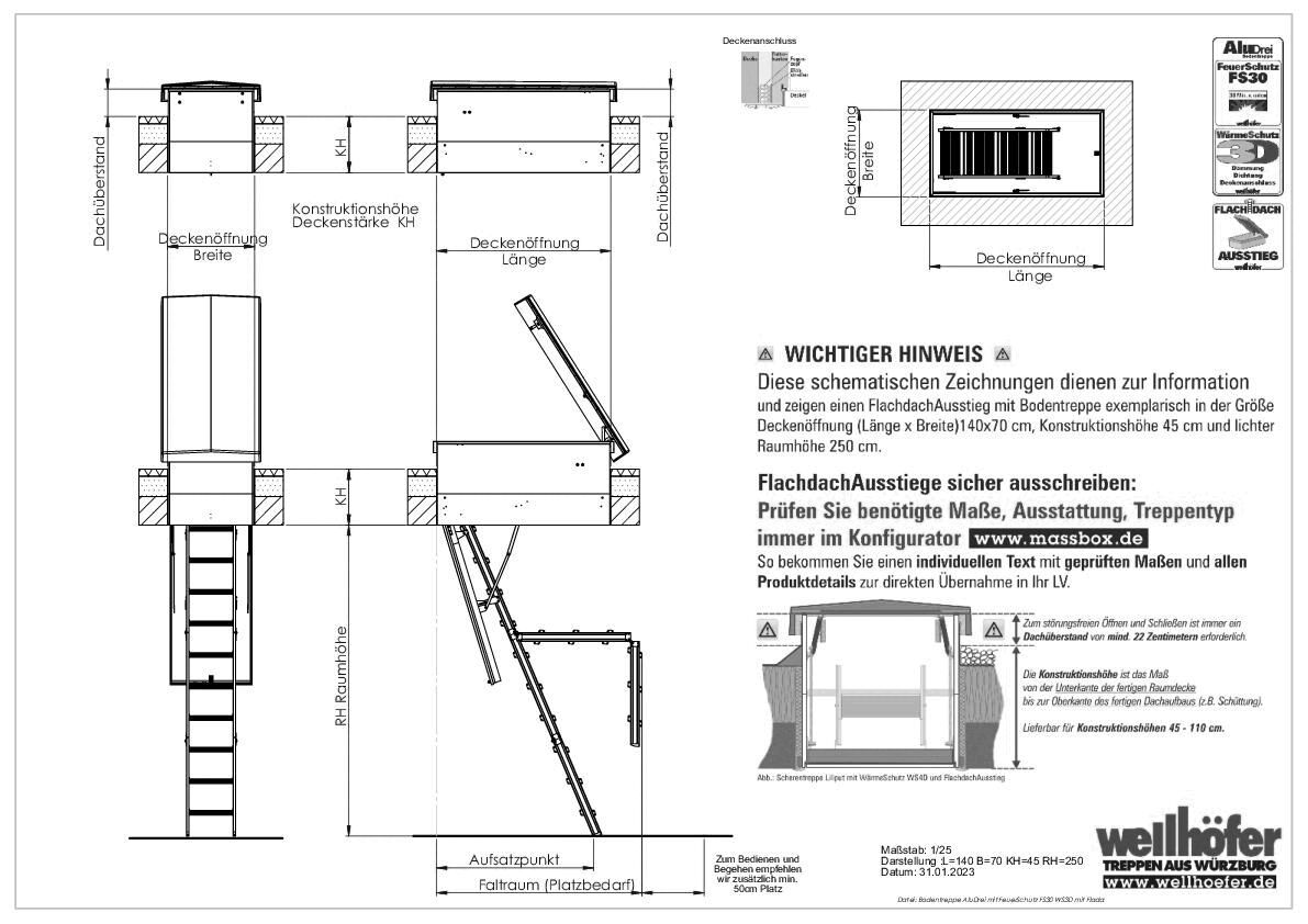 Wellhöfer Treppen - FlachdachAusstieg mit Bodentreppe AluDrei FeuerSchutz FS30 WärmeSchutz WS3D