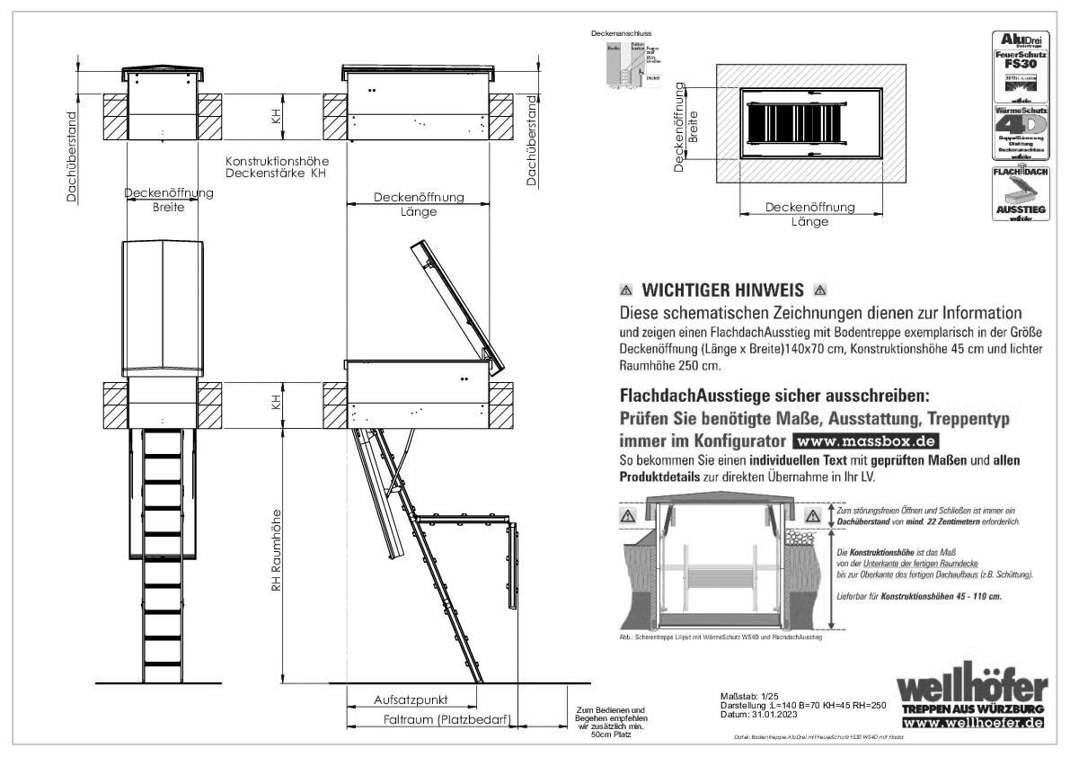 Wellhöfer Treppen - FlachdachAusstieg mit Bodentreppe AluDrei FeuerSchutz FS30 WärmeSchutz WS4D