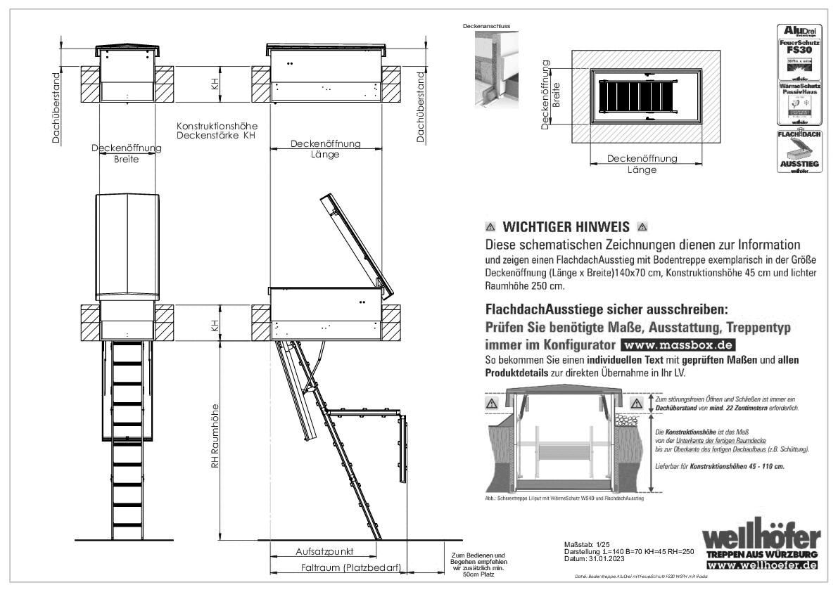 Wellhöfer Treppen - FlachdachAusstieg mit Bodentreppe AluDrei FeuerSchutz FS30 WärmeSchutz WSPH