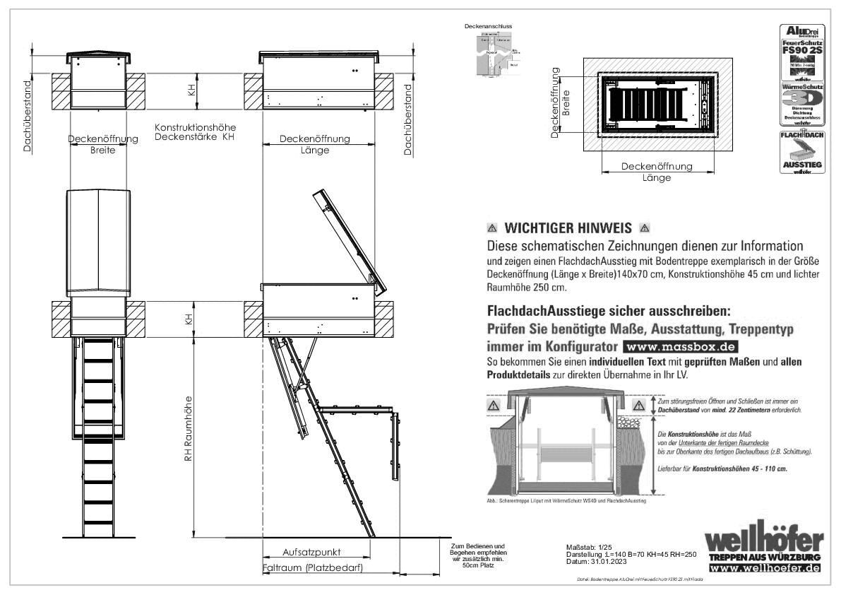Wellhöfer Treppen - FlachdachAusstieg mit Bodentreppe AluDrei FeuerSchutz FS90 2S WärmeSchutz WS3D