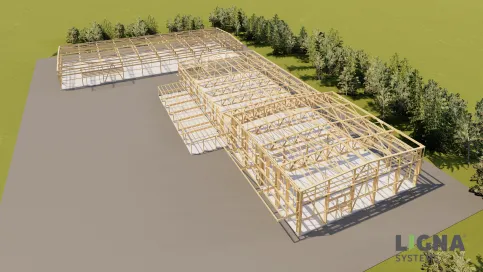 Holzrahmenkonstruktion mit großzügigen Fensteröffnungen und umliegender Grünfläche