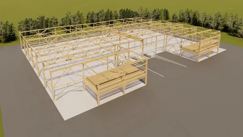 Holzrahmenkonstruktion mit offenen Bereichen und großzügigen Fensterfronten in einer naturnahen Umgebung