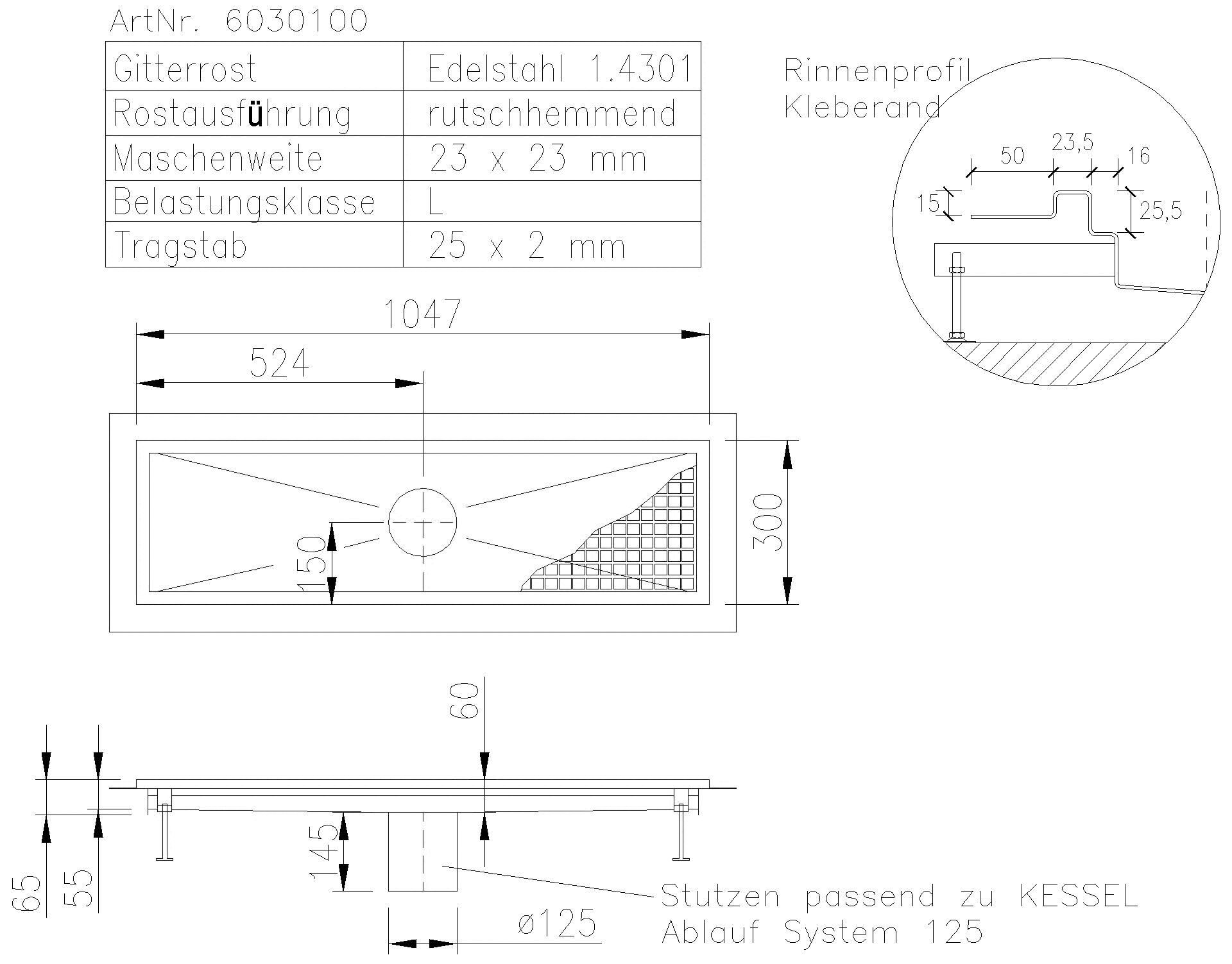KESSEL-Kastenrinne Ferrofix Klebeflansch H: 15 mm, 300 x 1050 mm
