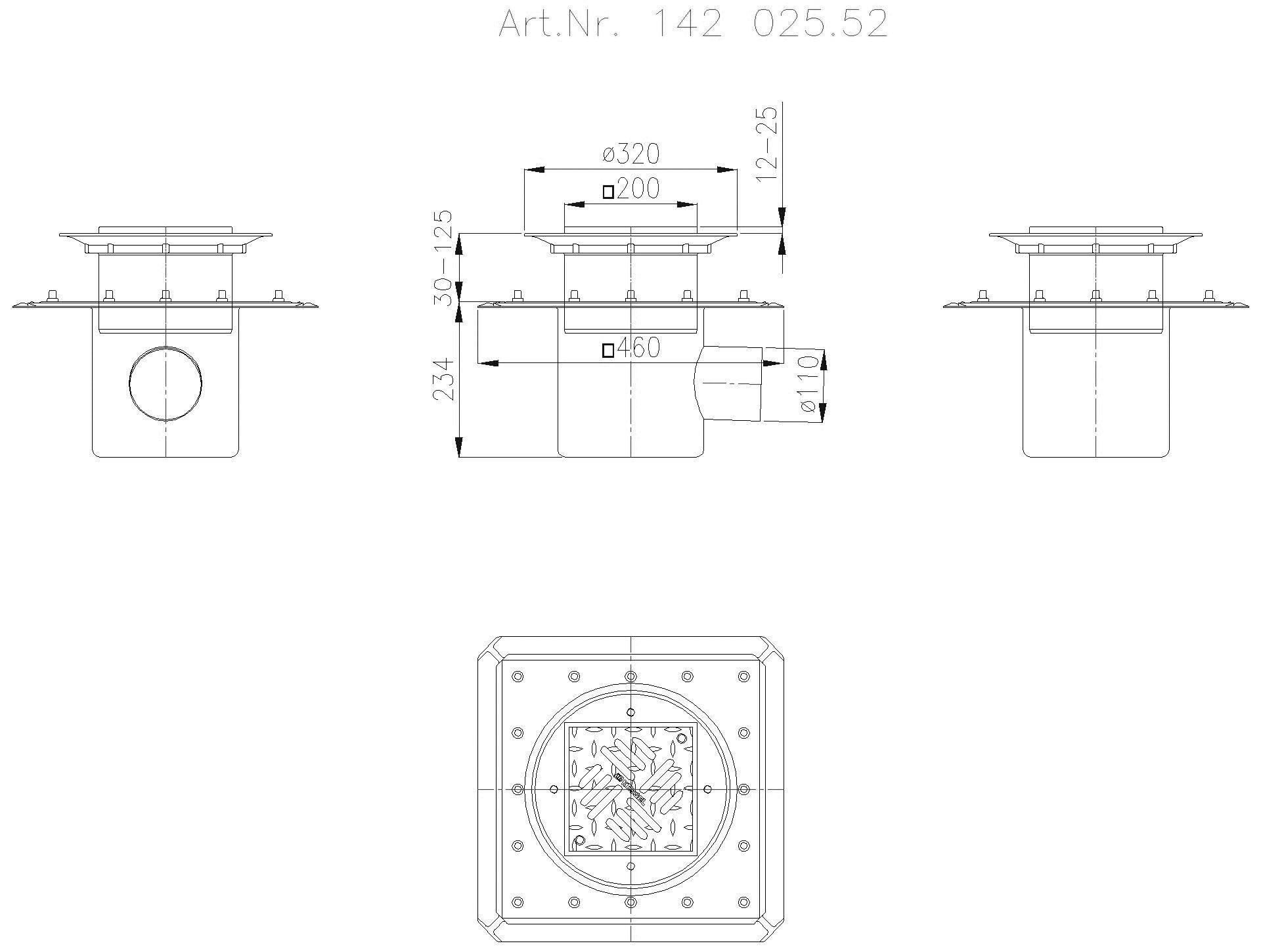 KESSEL-Ablauf Ferrofix DN 100. seitl., Schlitzrost 190x190mm