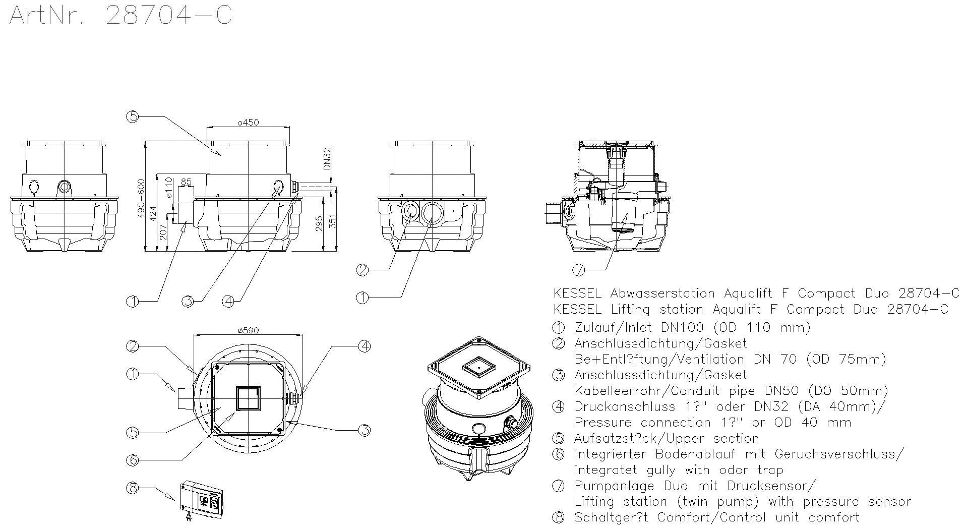 KESSEL-Hebeanlage Aqualift F Compact Duo, SPZ 1000-S3, Bodenpl., befliesbar