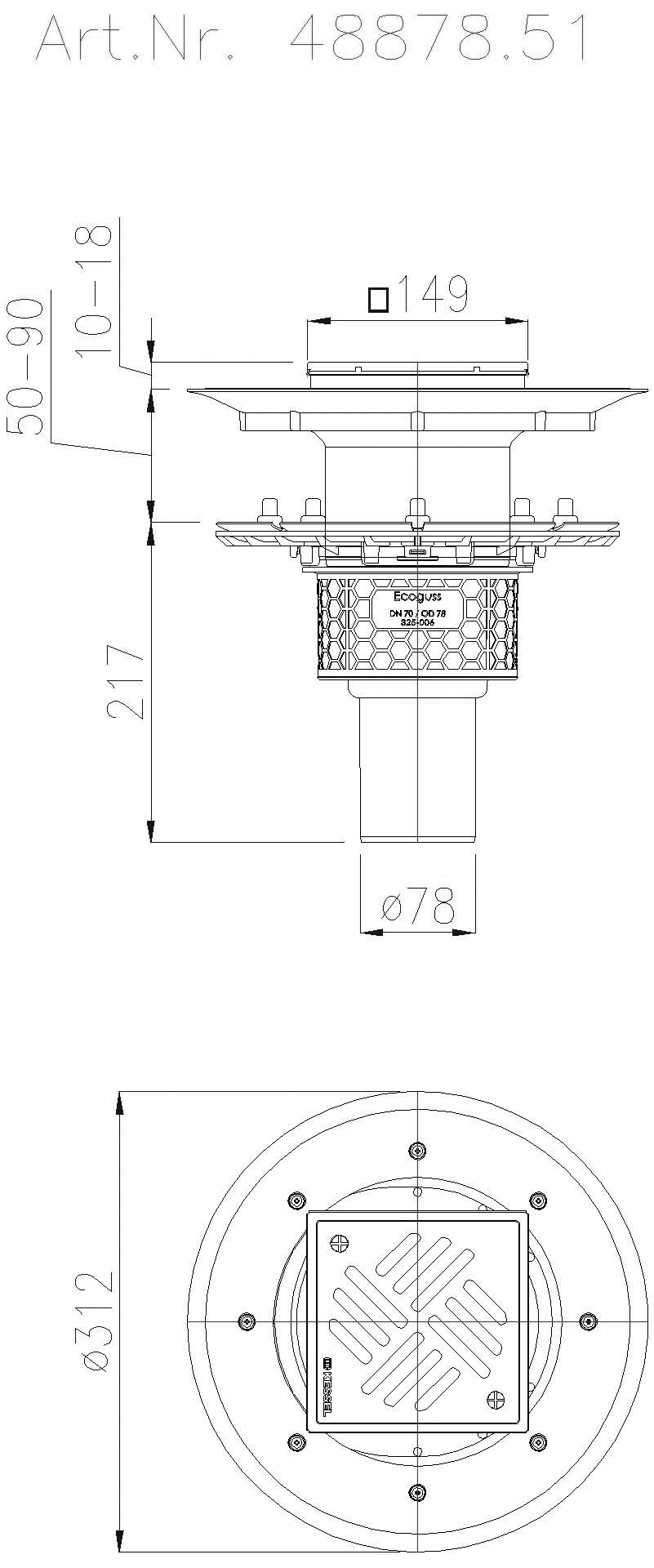KESSEL-Bodenablauf Ecoguss Pressfl. DN 70, senkr., Variofix, Schlitzrost