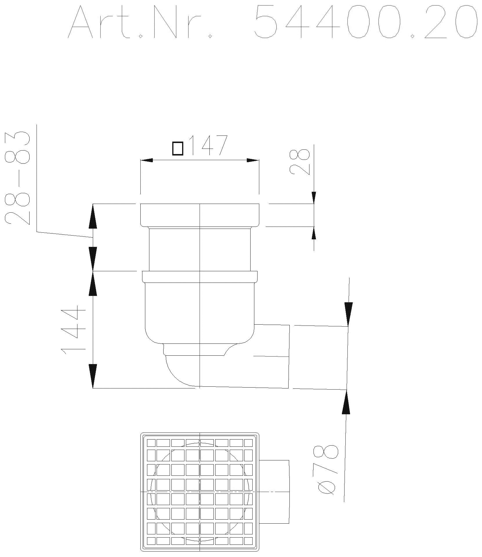 KESSEL-Ablauf Ferrofix DN70,seitl.,Gitter,edst. Aufsst.138x138