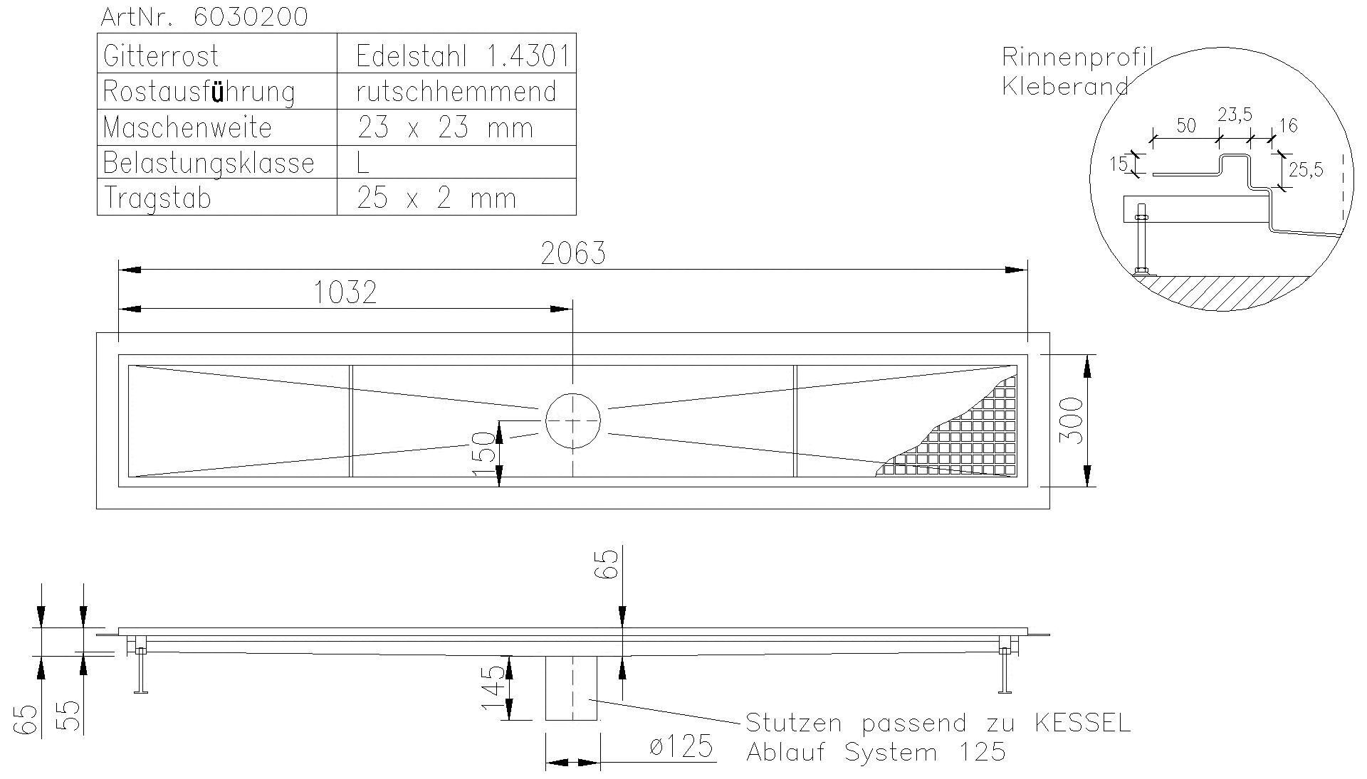 KESSEL-Kastenrinne Ferrofix Klebeflansch H: 15 mm, 300 x 2050 mm