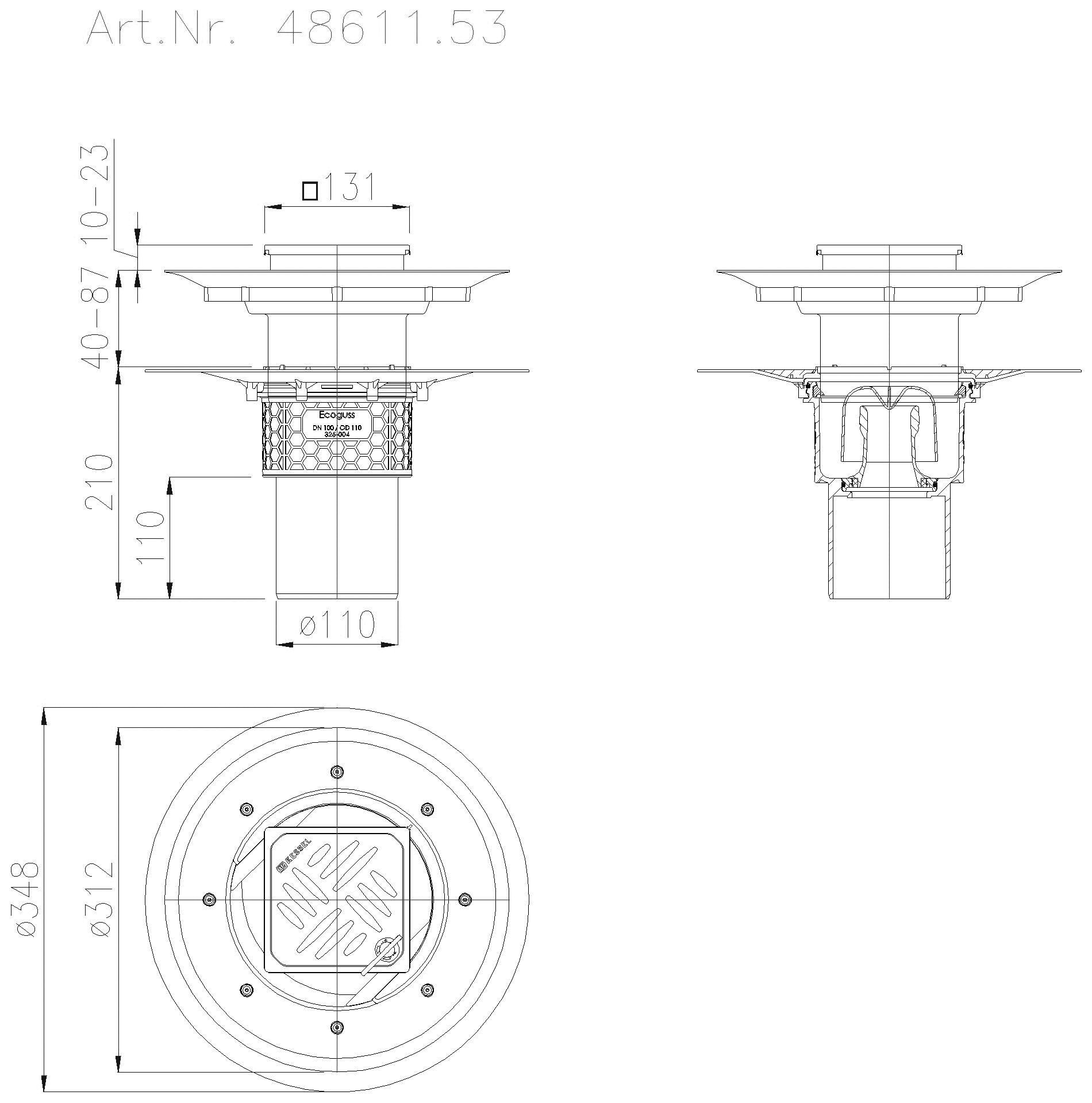 KESSEL-Objektablauf Ecoguss Klebeflansch DN 100, senkr., Dünnbett., Designrost