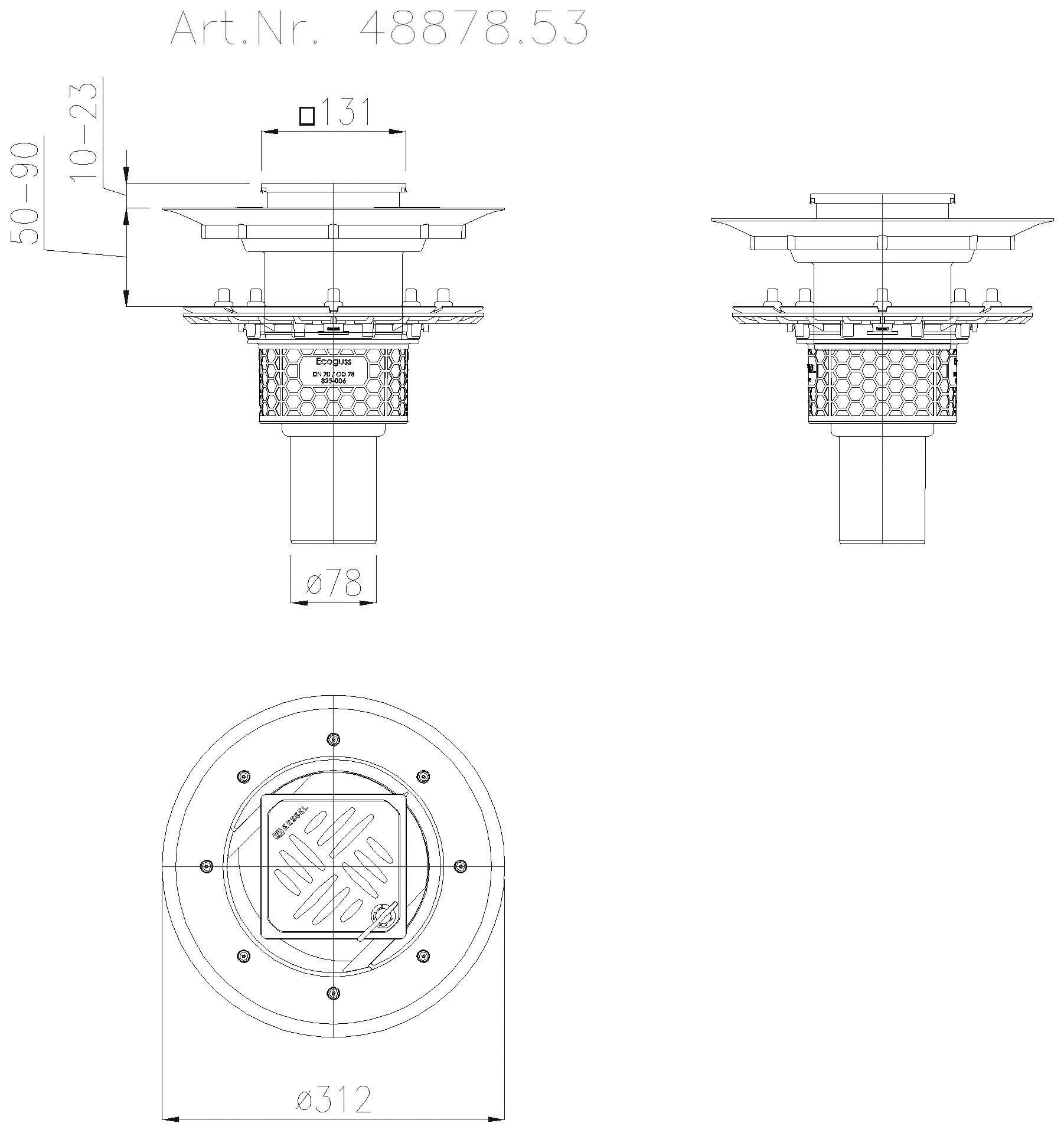 KESSEL-Objektablauf Ecoguss Pressfl. DN 70, senkr., Dünnbett., Designrost