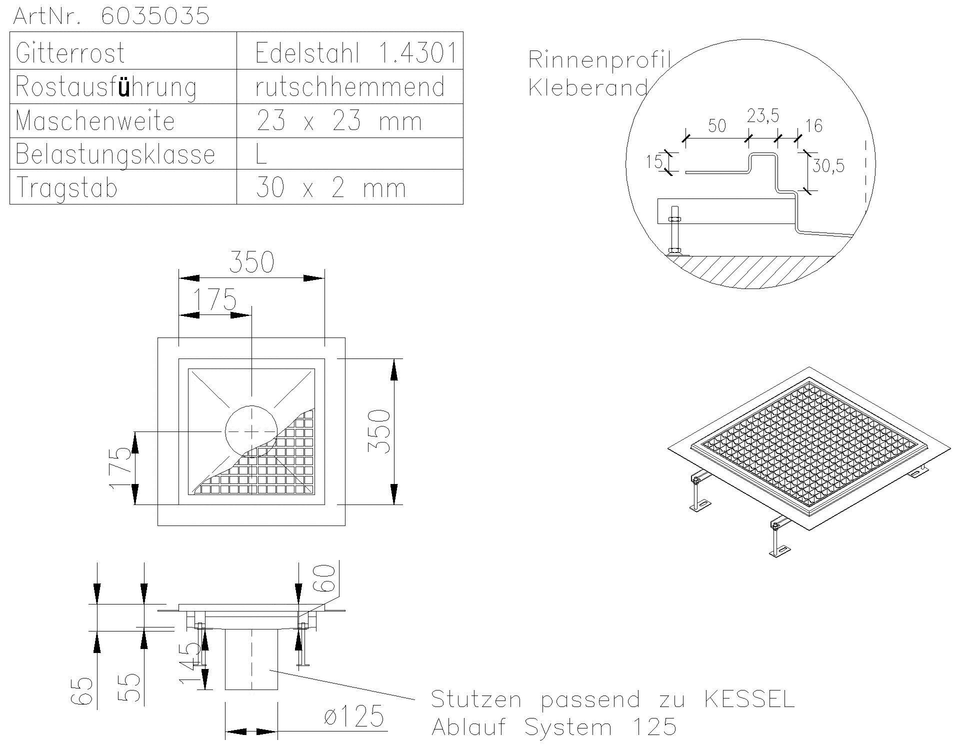 KESSEL-Bodenwanne Ferrofix Klebeflansch H: 15 mm, 350 x 350 mm