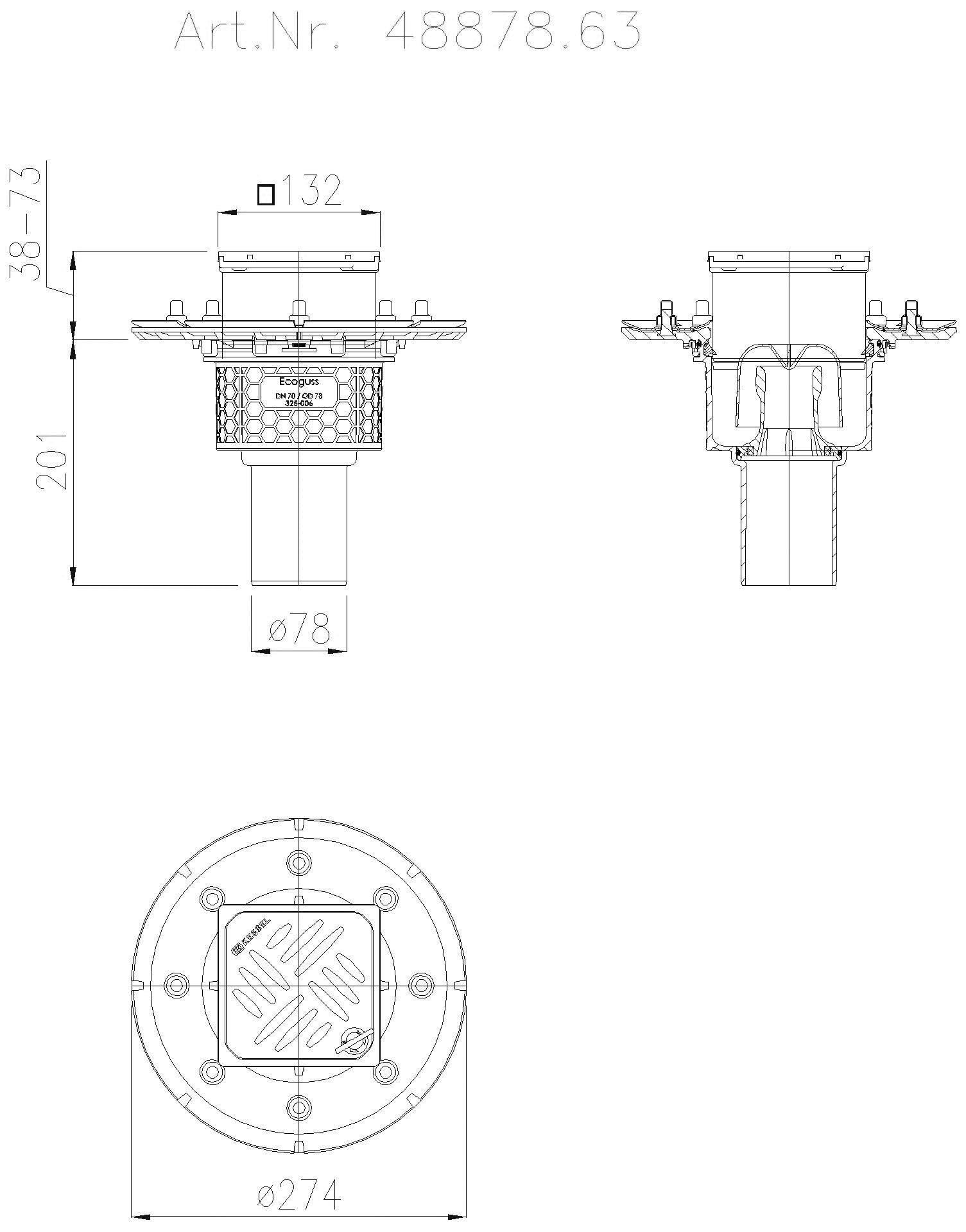 KESSEL-Objektablauf Ecoguss Pressfl. DN 70, senkrecht, Designrost