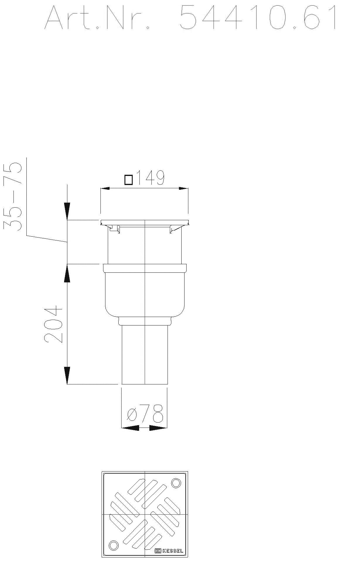KESSEL-Ablauf Ferrofix DN70,senkr.,Schlitzr.,ABS Aufsst.138x138