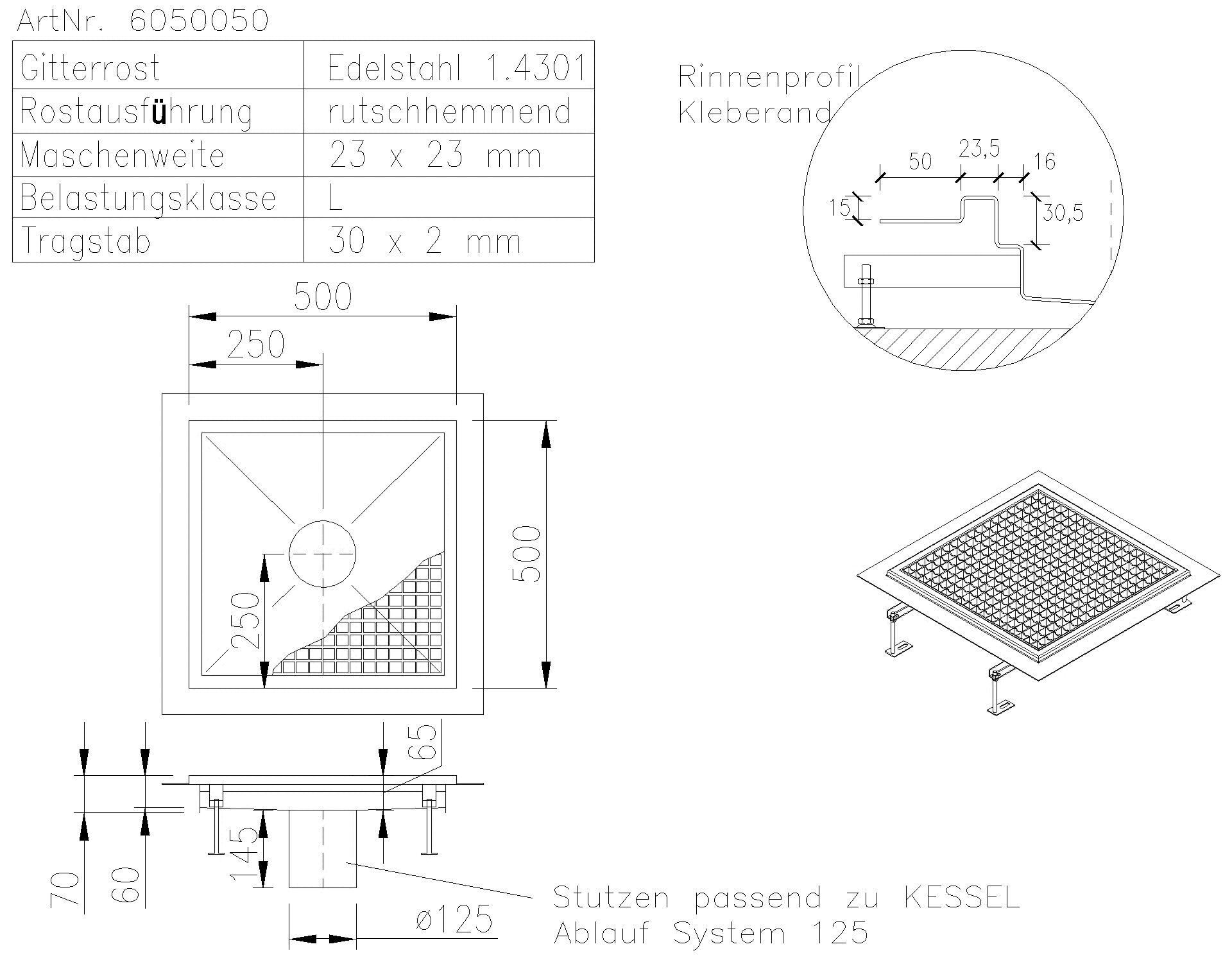KESSEL-Bodenwanne Ferrofix Klebeflansch H: 15 mm, 500 x 500 mm