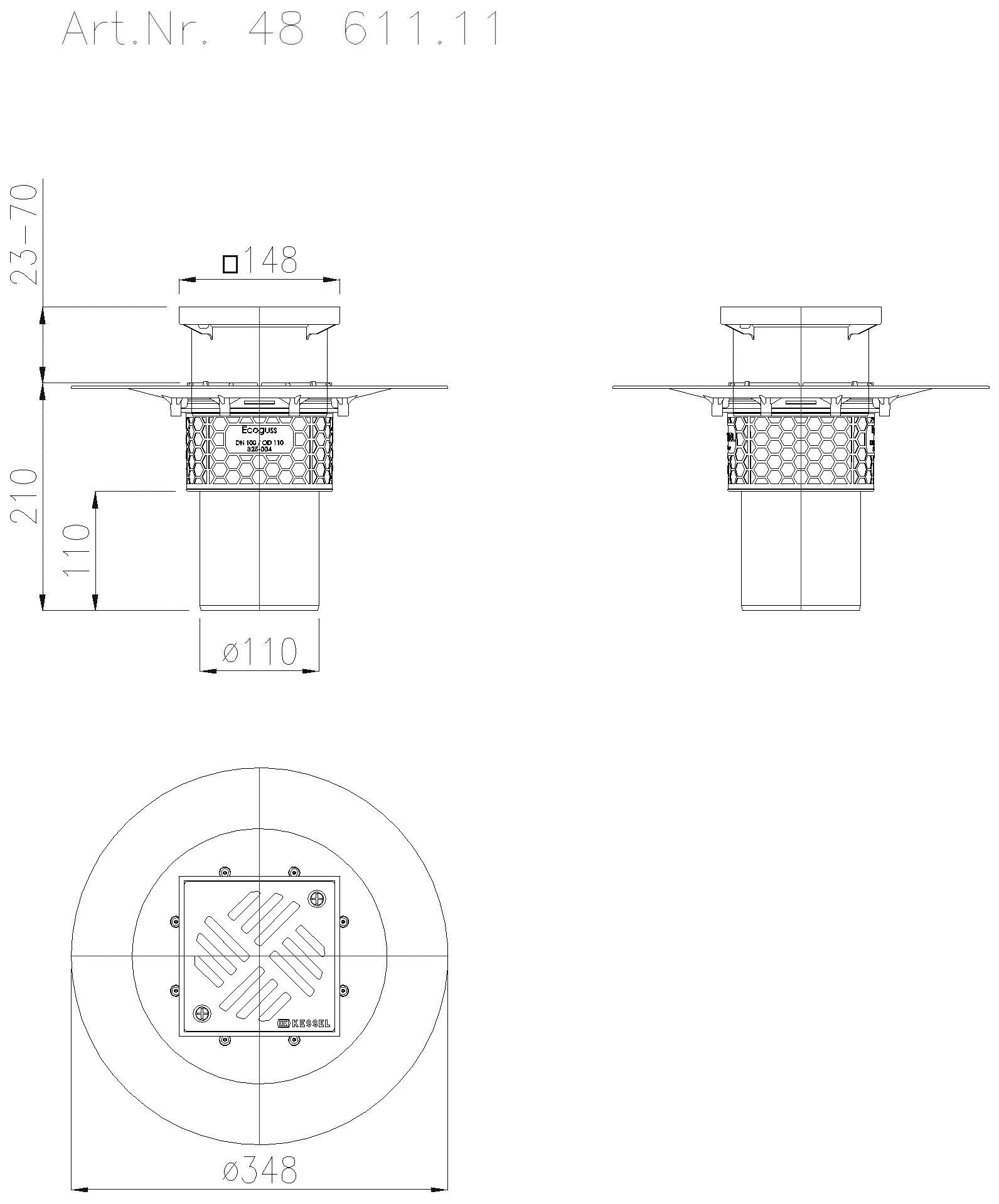 KESSEL-Objektablauf Ecoguss Klebeflansch DN 100, senkrecht, Schlitzrost