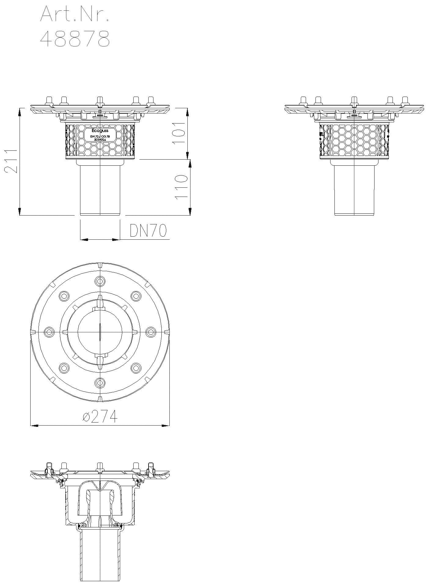 KESSEL-Grundkörper Ecoguss Pressfl., DN 70, Auslauf senkrecht