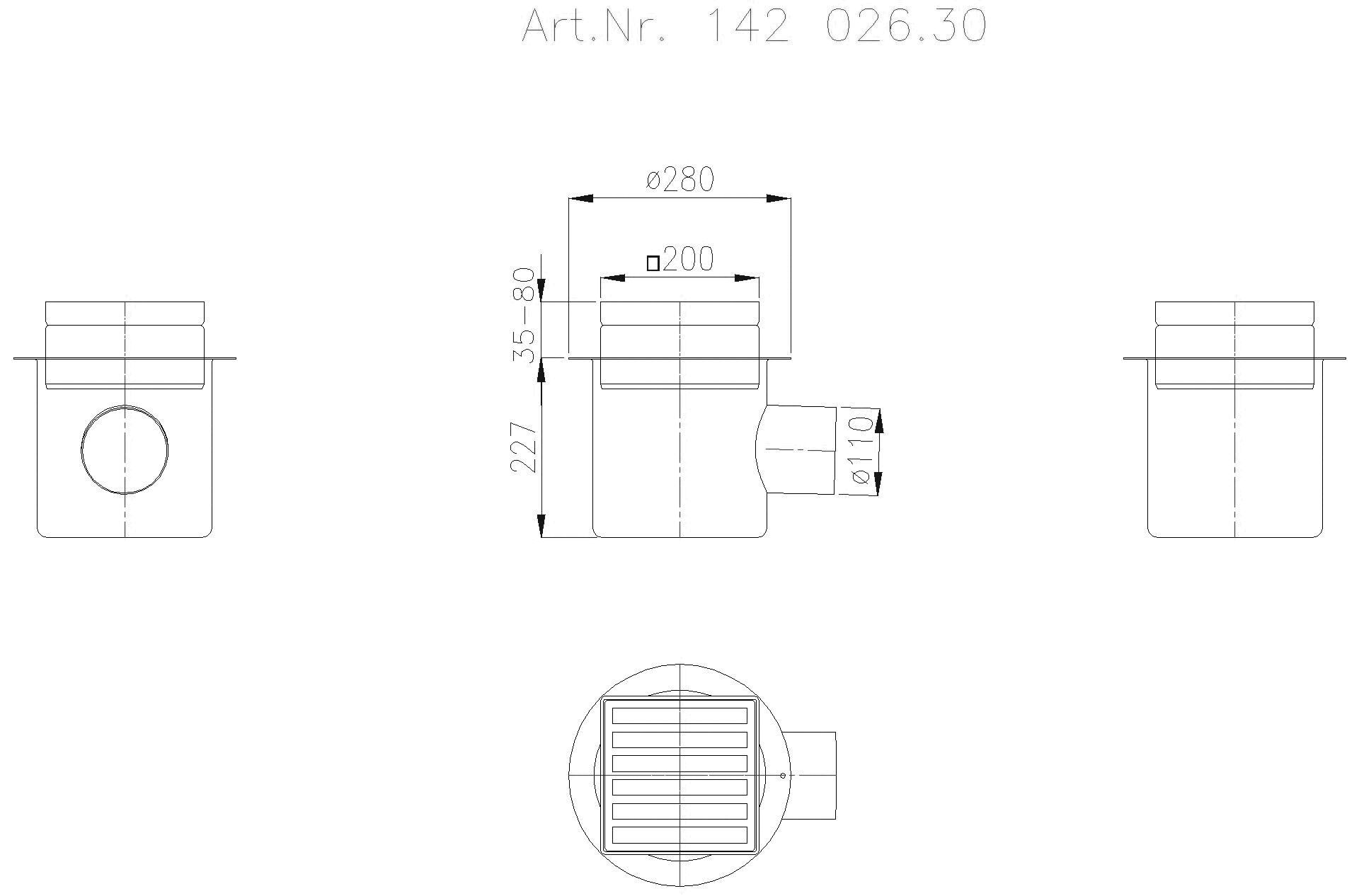 KESSEL-Ablauf Ferrofix DN 100 seitl., Stegrost 190x190mm
