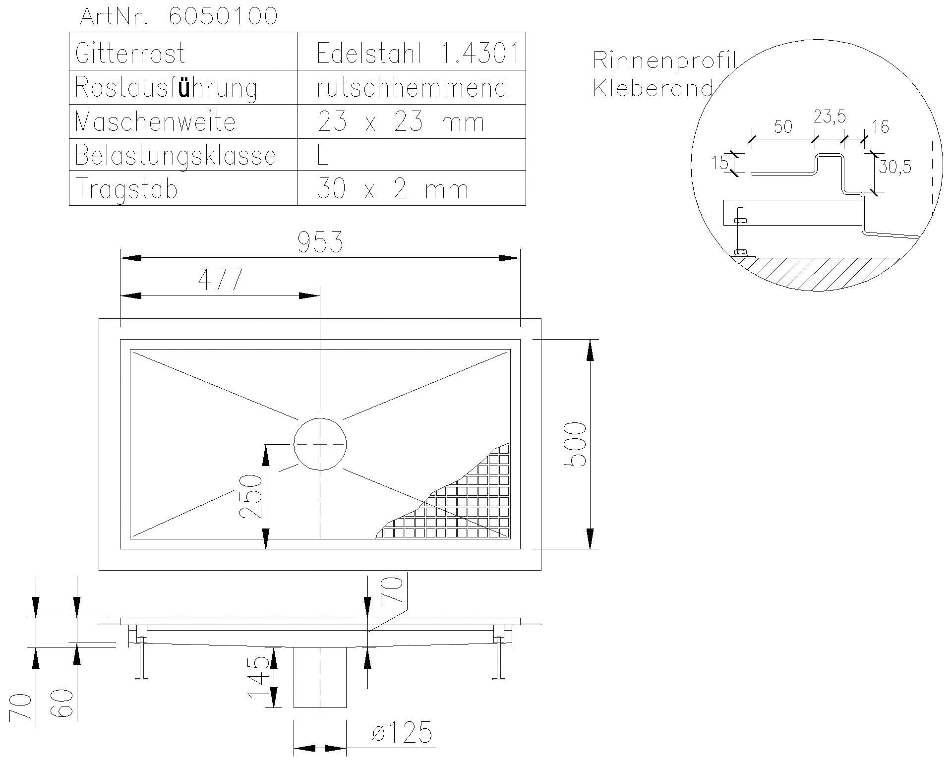 KESSEL-Bodenwanne Ferrofix Klebeflansch H: 15 mm, 500 x 1000 mm