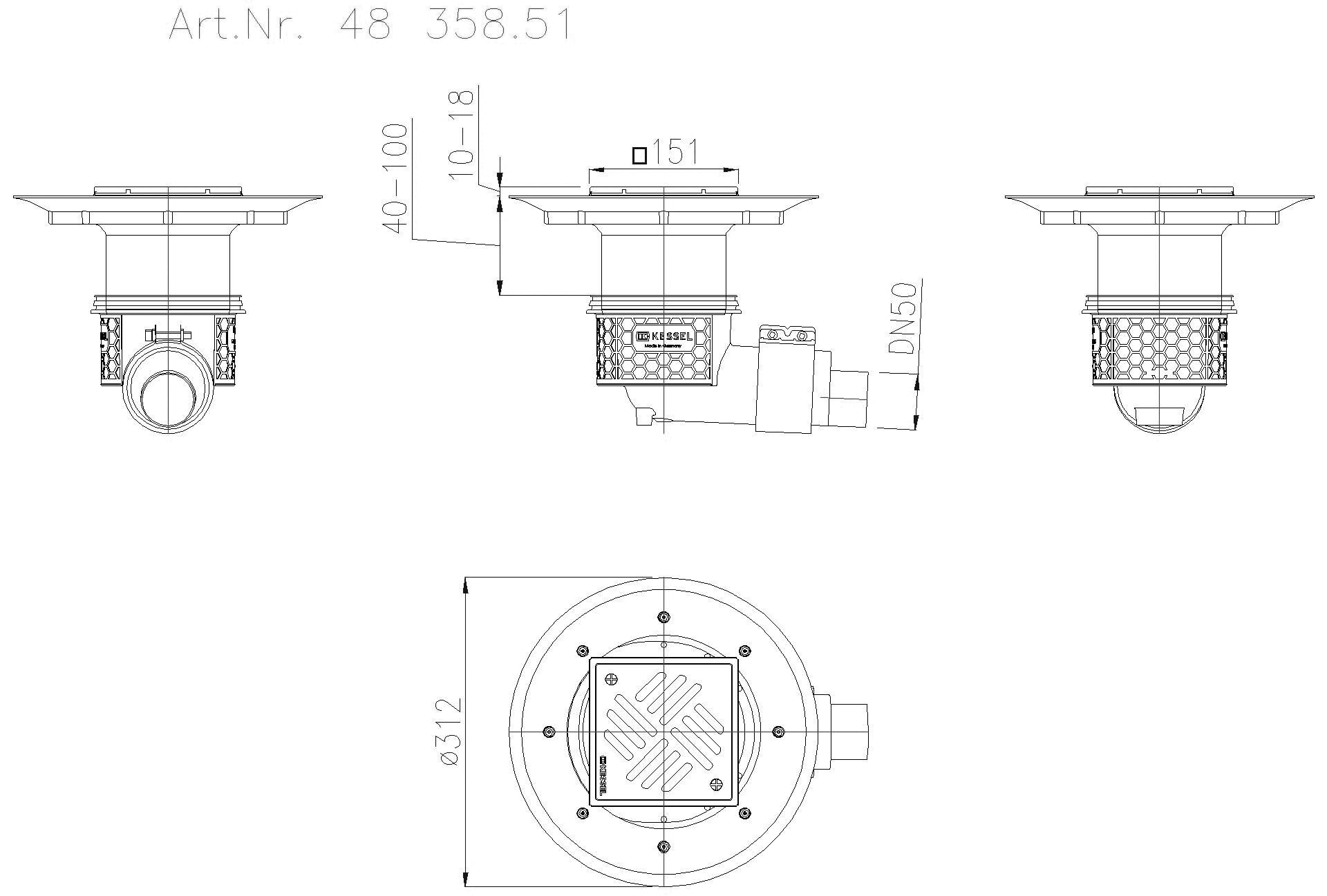 KESSEL-Boden-/Deckenablauf Ecoguss DN 50, seitl., Variofix, Schlitzrost