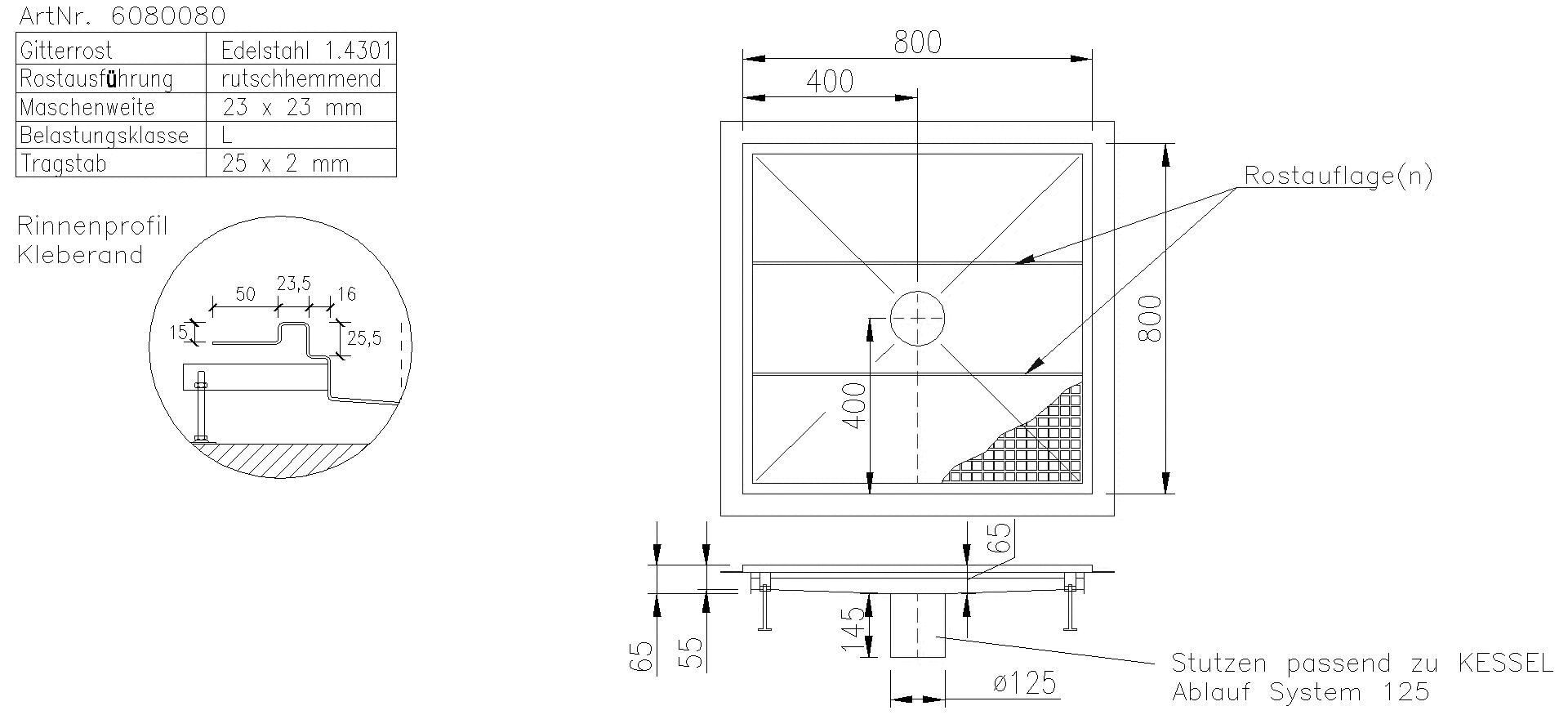 KESSEL-Bodenwanne Ferrofix Express 800 x 800 x 60mm
