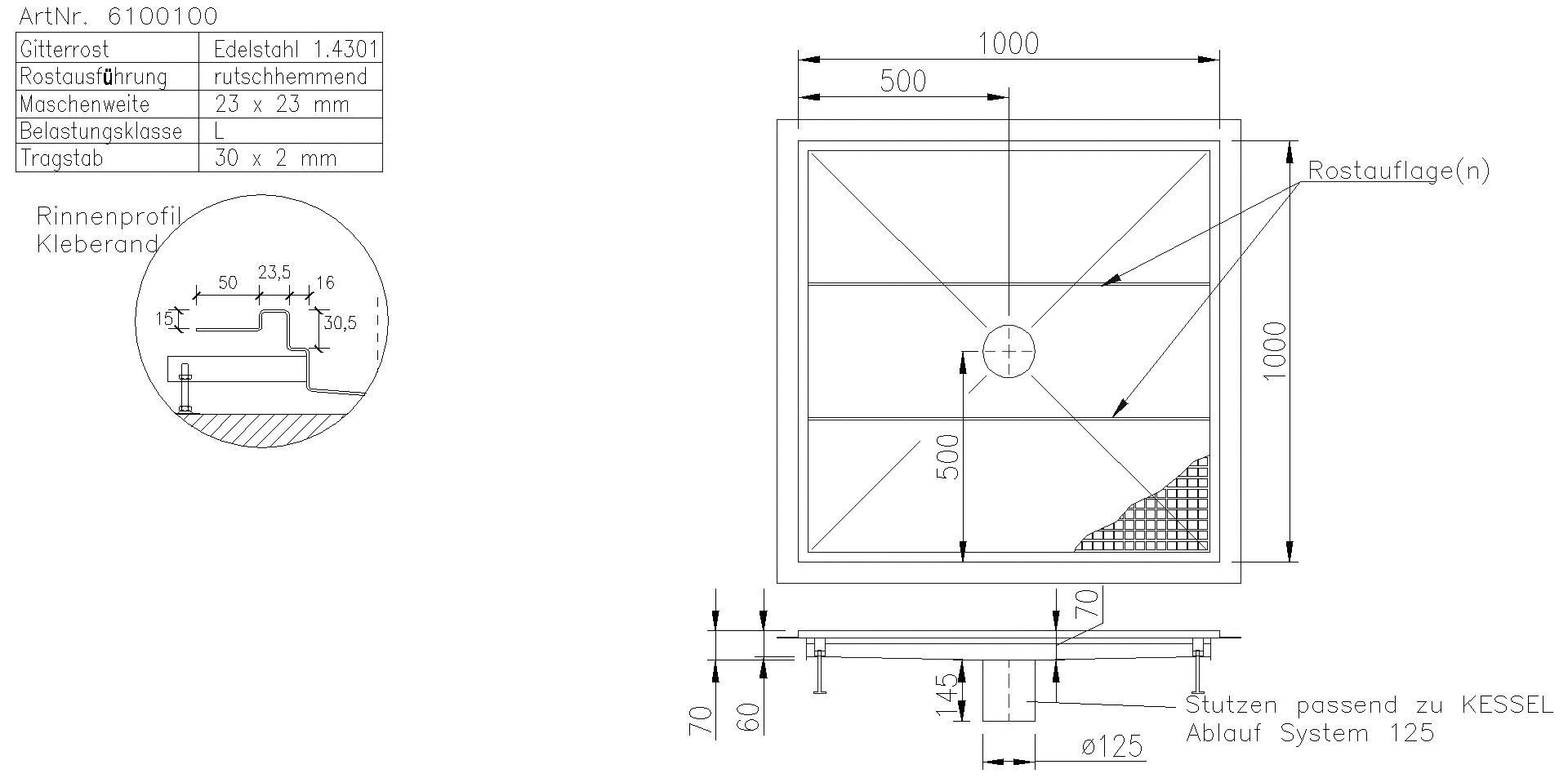 KESSEL-Bodenwanne Ferrofix ohne Klebeflansch, 1000 x 1000 mm