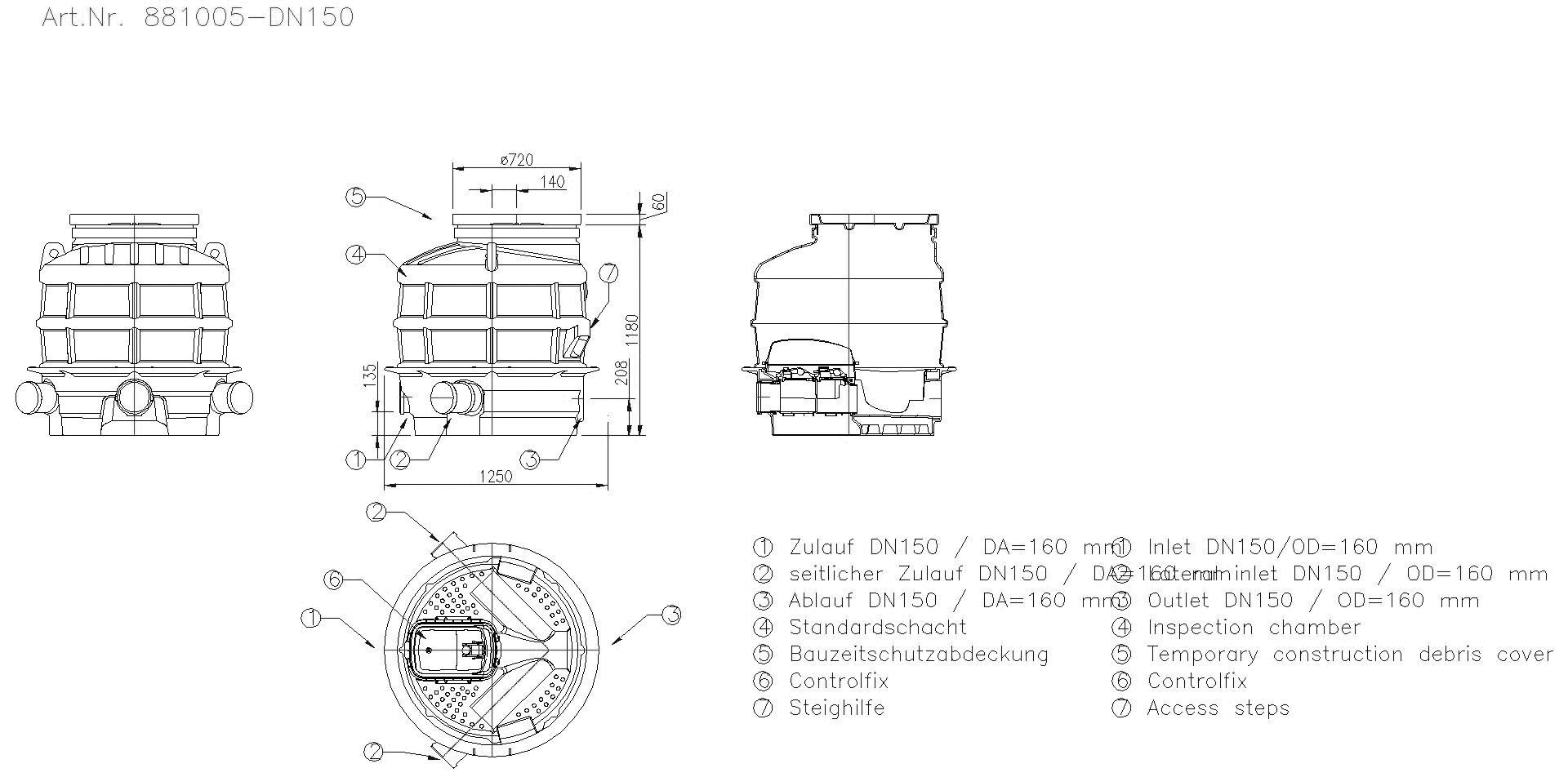 KESSEL-Rückstauschacht LW1000 DN150/150, ET: 1180