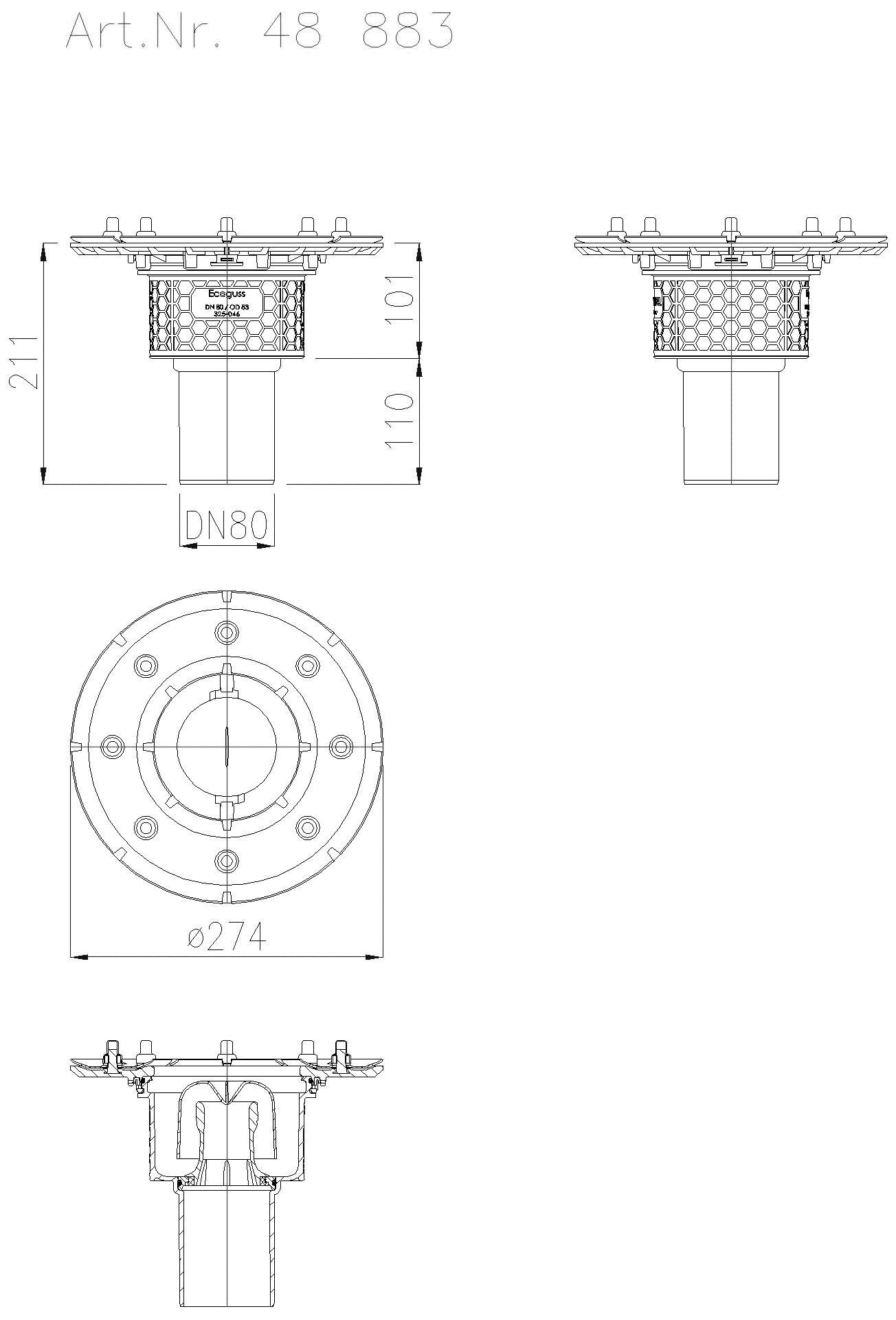 KESSEL-Grundkörper Ecoguss Pressfl., DN 80, Auslauf senkrecht
