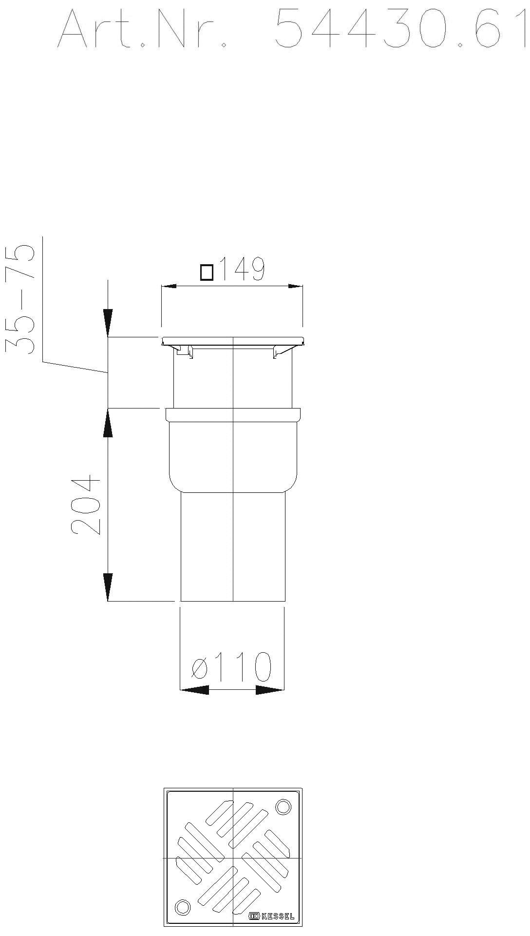 KESSEL-Ablauf Ferrofix DN100,senkr.,Schlitzr,ABS Aufsst.138x138