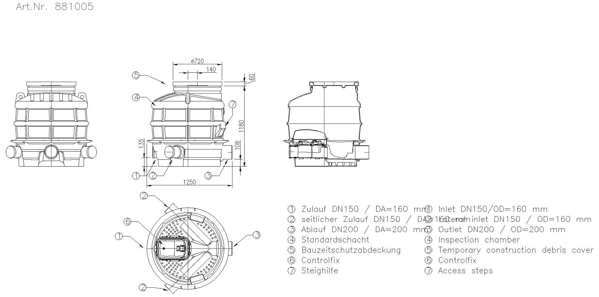 KESSEL-Rückstauschacht LW1000 DN150/200, ET: 1180