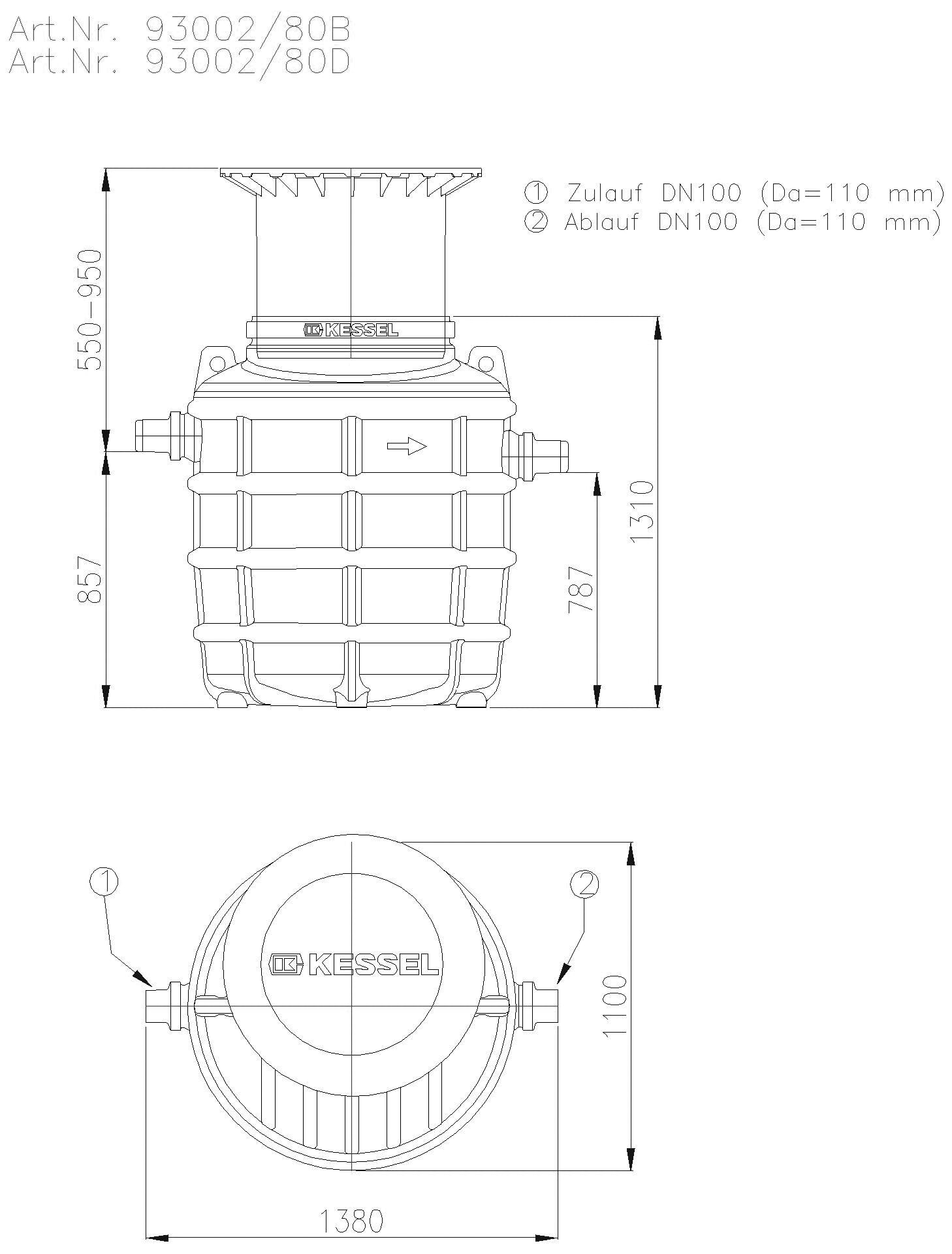 KESSEL-Fettabscheider EasyClean ground NS 2, Standard, 550-950 mm, Klasse A/B