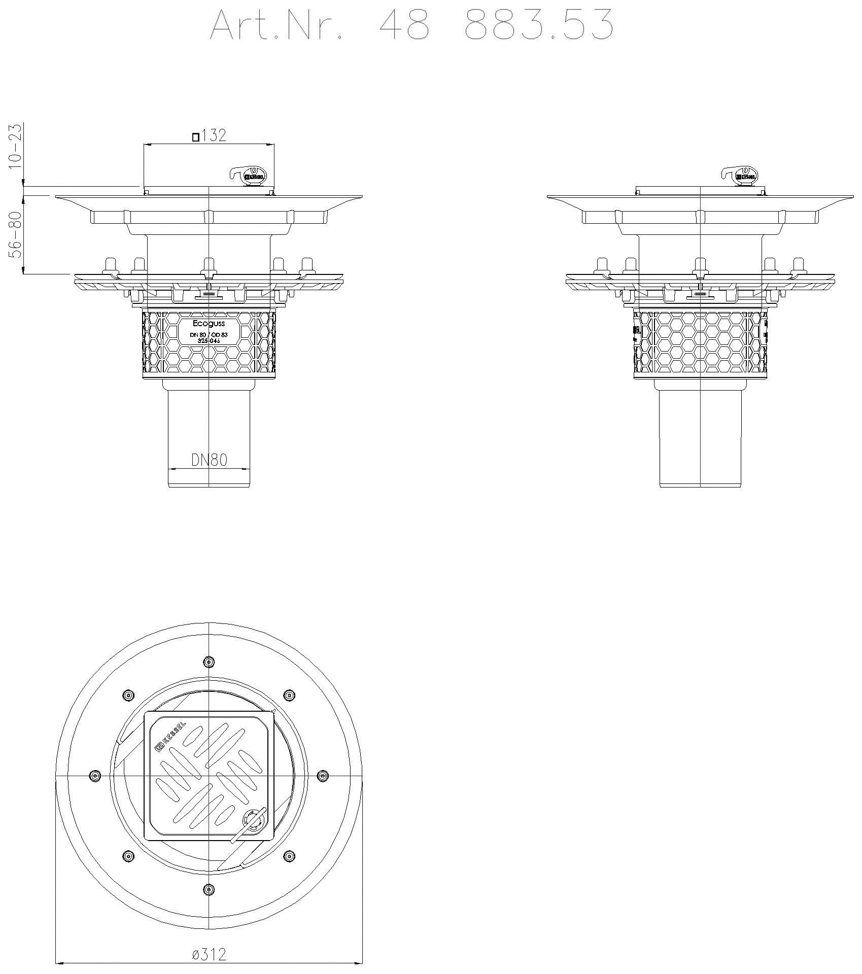KESSEL-Objektablauf Ecoguss Pressfl. DN 80, senkr., Dünnbett., Designrost
