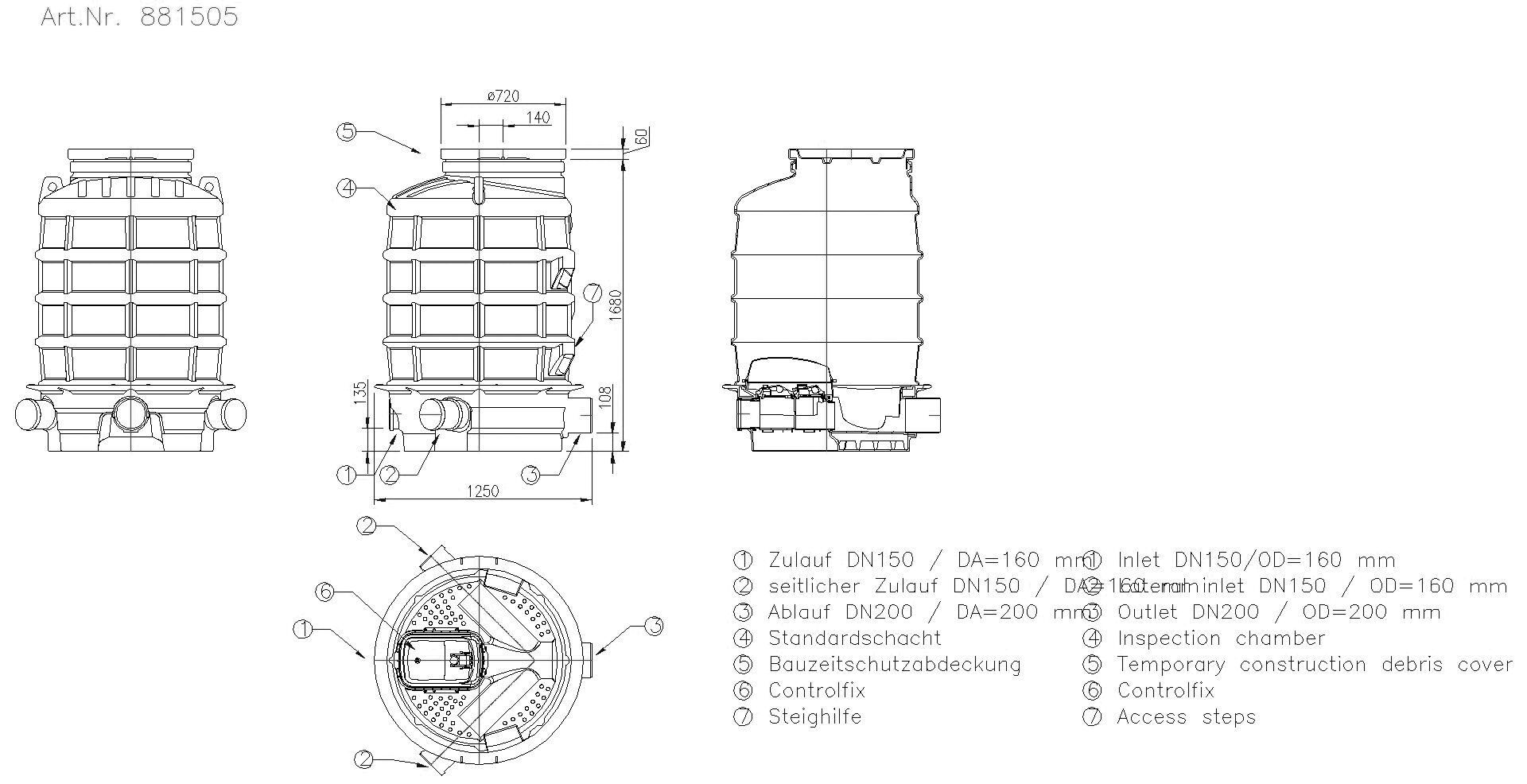 KESSEL-Rückstauschacht LW1000 DN150/200, ET: 1680