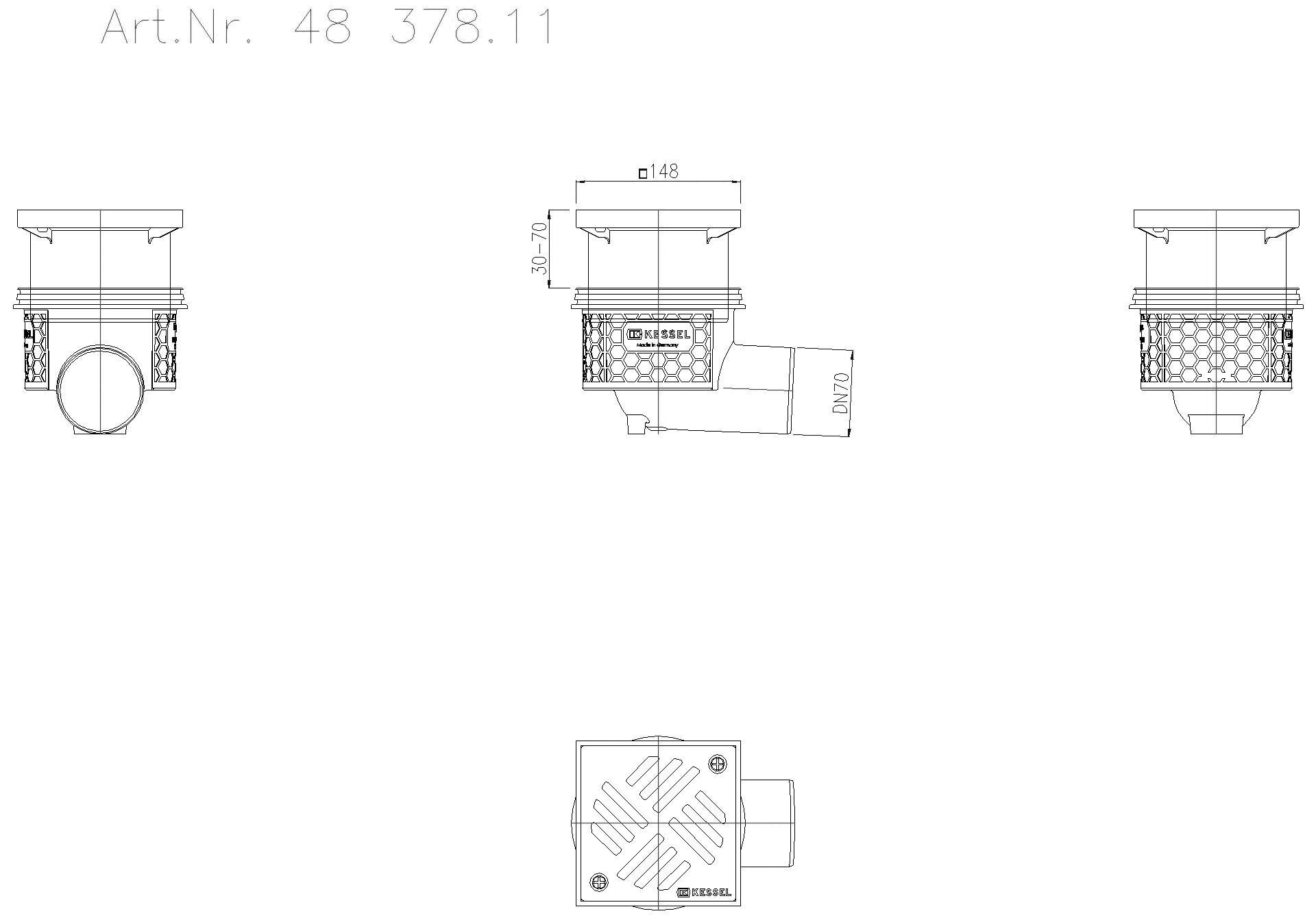 KESSEL-Objektablauf Ecoguss DN 70, seitlich, Schlitzrost