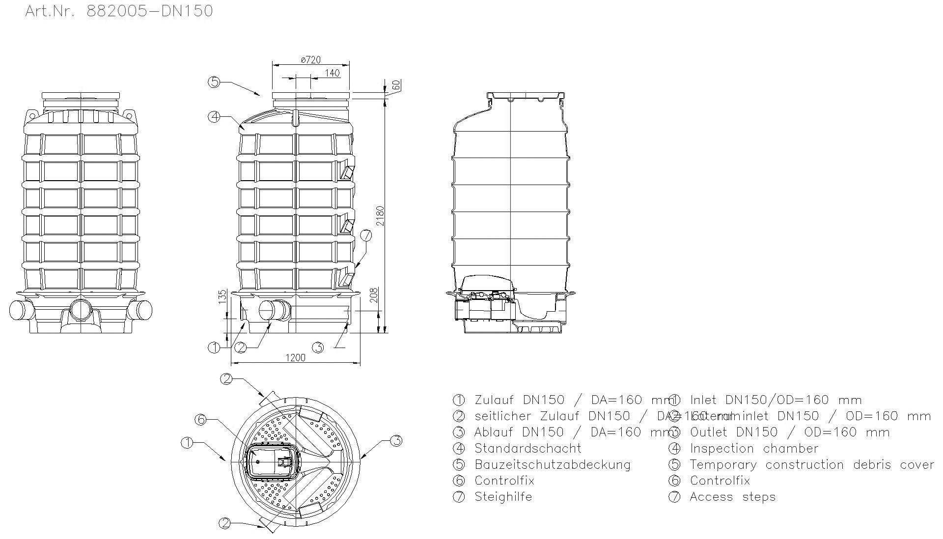 KESSEL-Rückstauschacht LW1000 DN150/150, ET: 2180