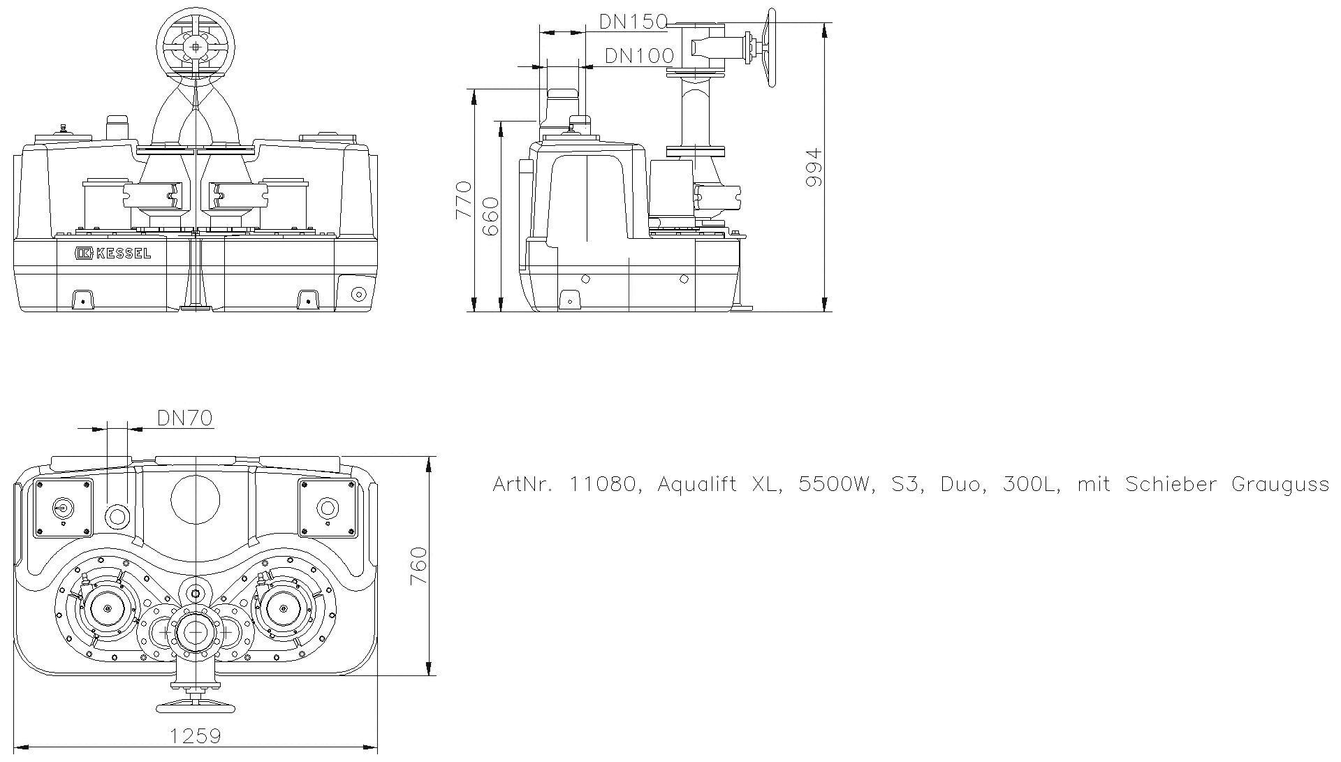 KESSEL-Hebeanlage Aqualift F XL 300 l Duo, SPF 5500-S3, Gussschieber