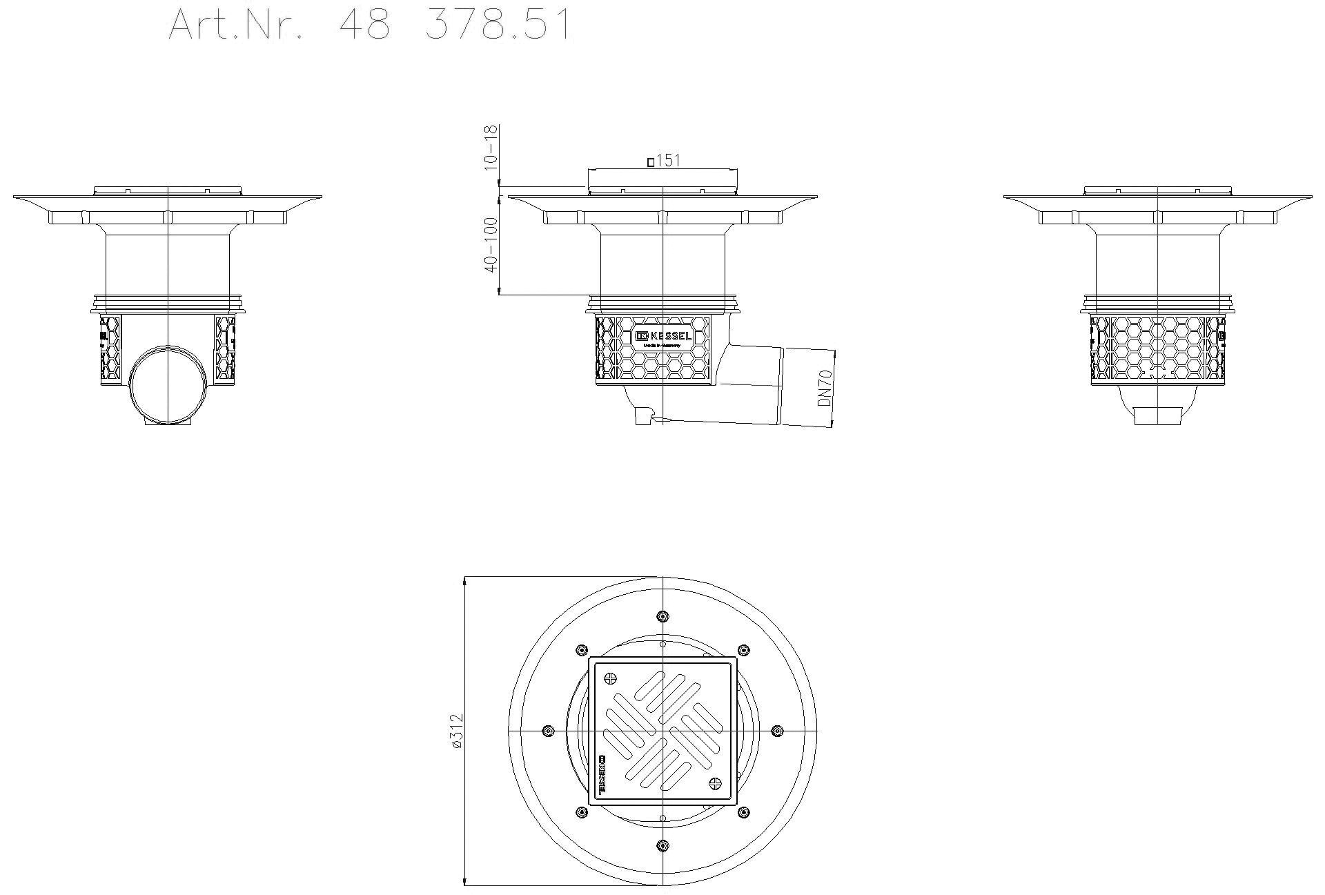 KESSEL-Boden-/Deckenablauf Ecoguss DN 70, seitl., Variofix, Schlitzrost
