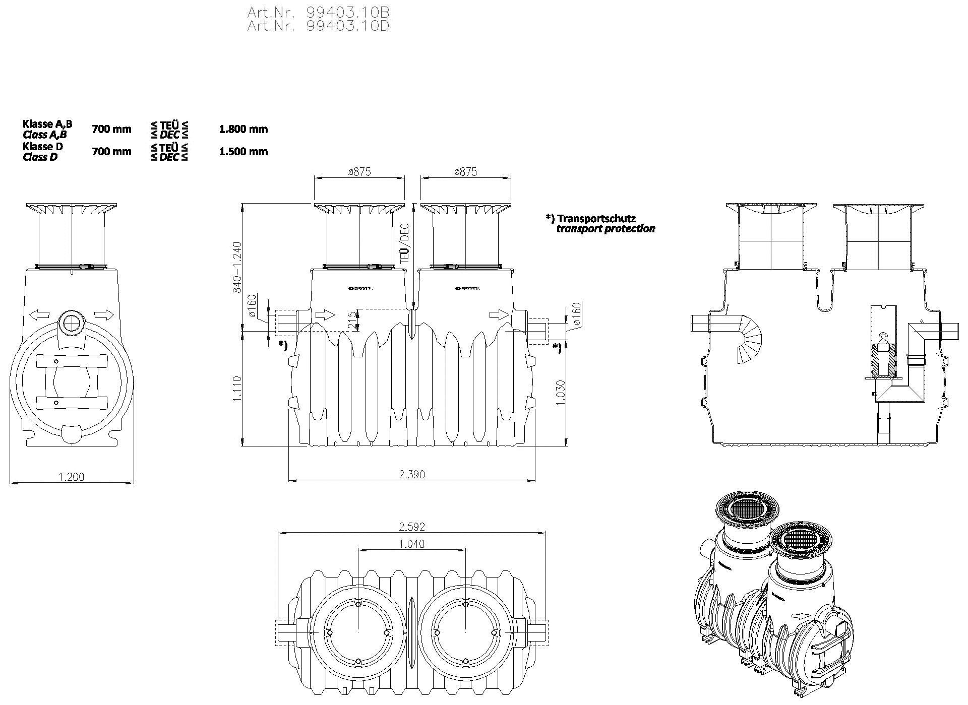 KESSEL Entwässerungstechnik - KESSEL-Öl-/Benzinabscheider EasyOil ground, NS 3, Sys. B, 1800 l, Bel.Kl. D