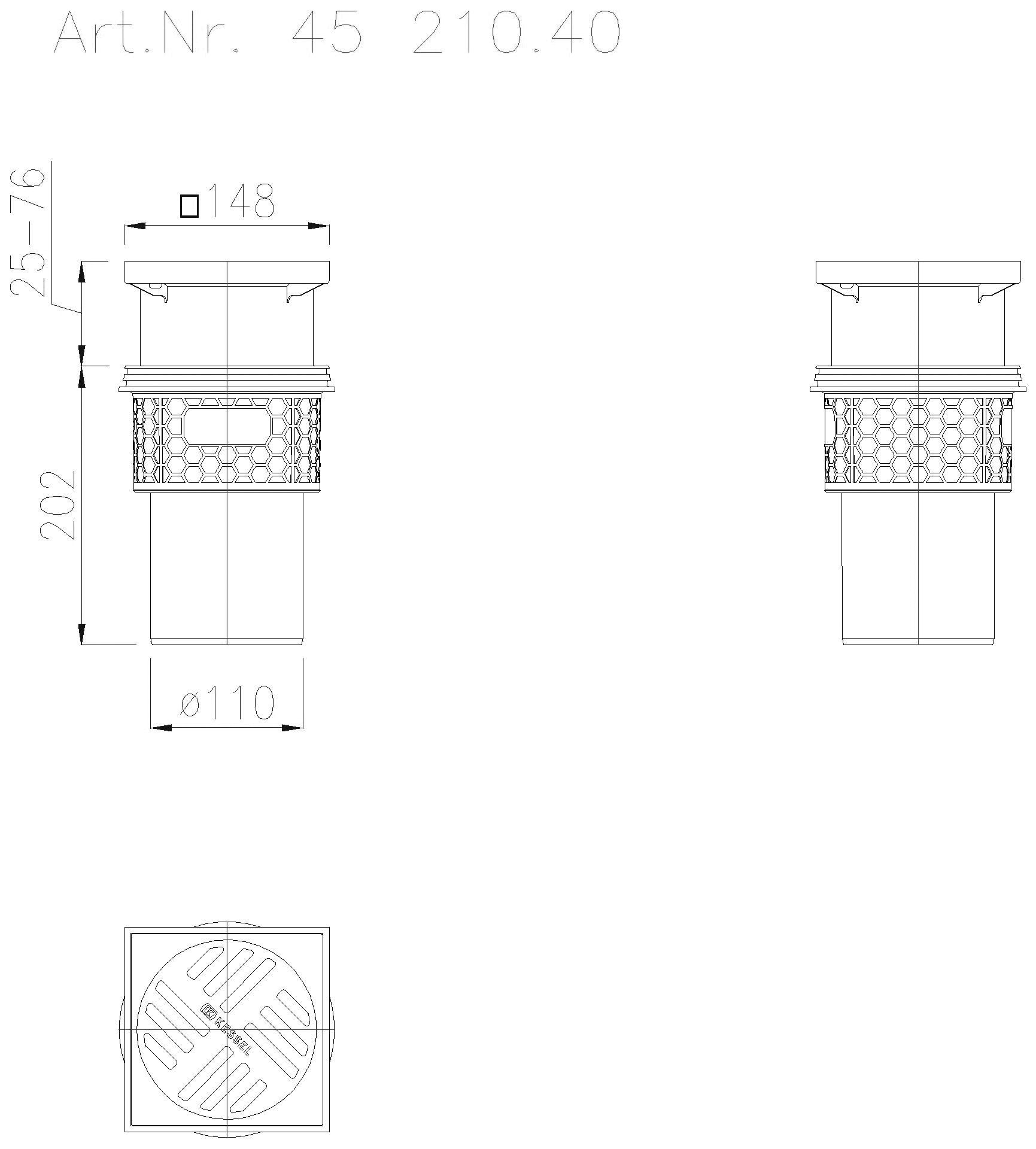 KESSEL Entwässerungstechnik - KESSEL-Ablauf Practicus DN100 senkr., Rost schwarz 138x138